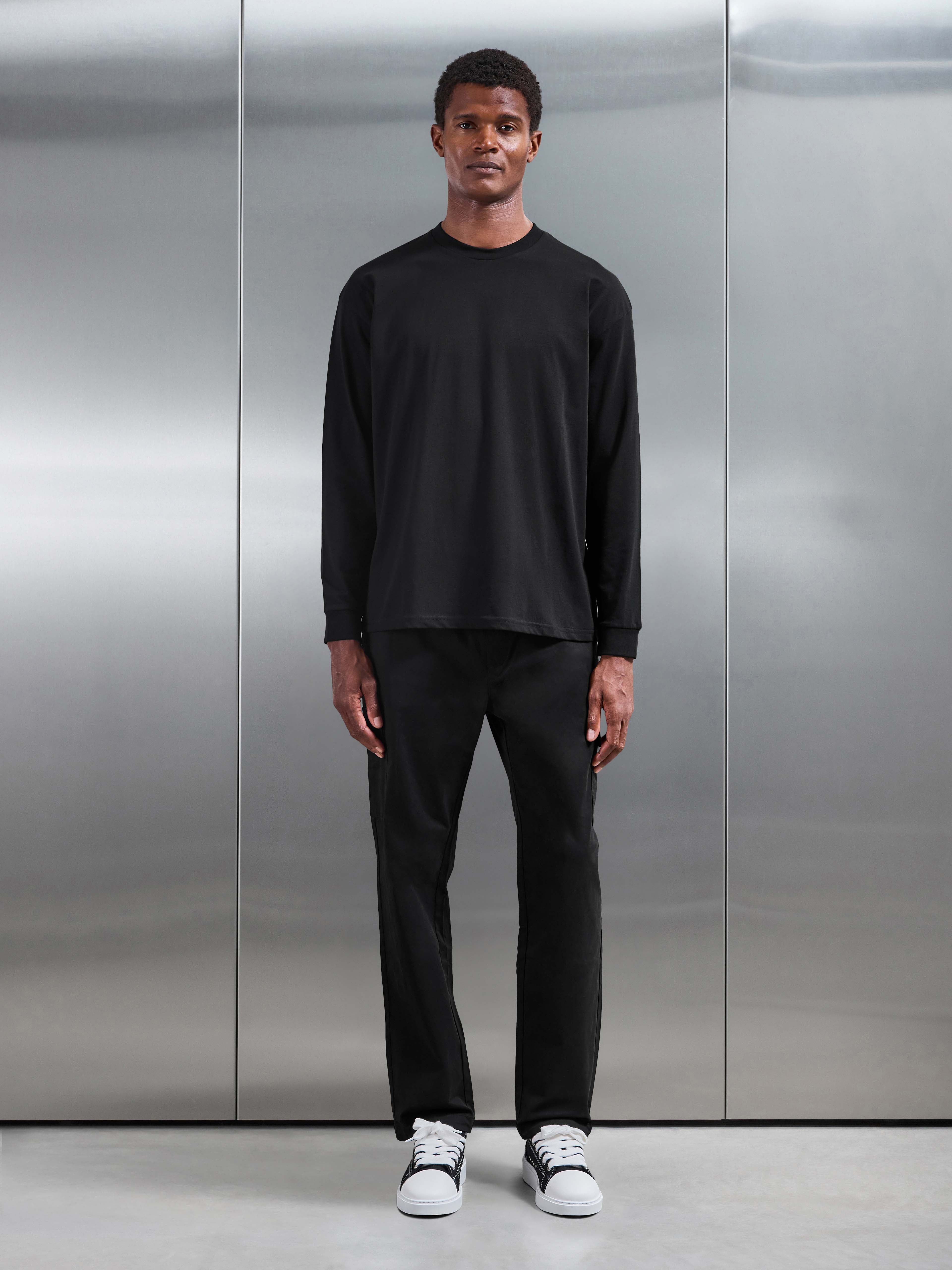 Essential Cotton Stretch Long Sleeve Relaxed T-Shirt in Black