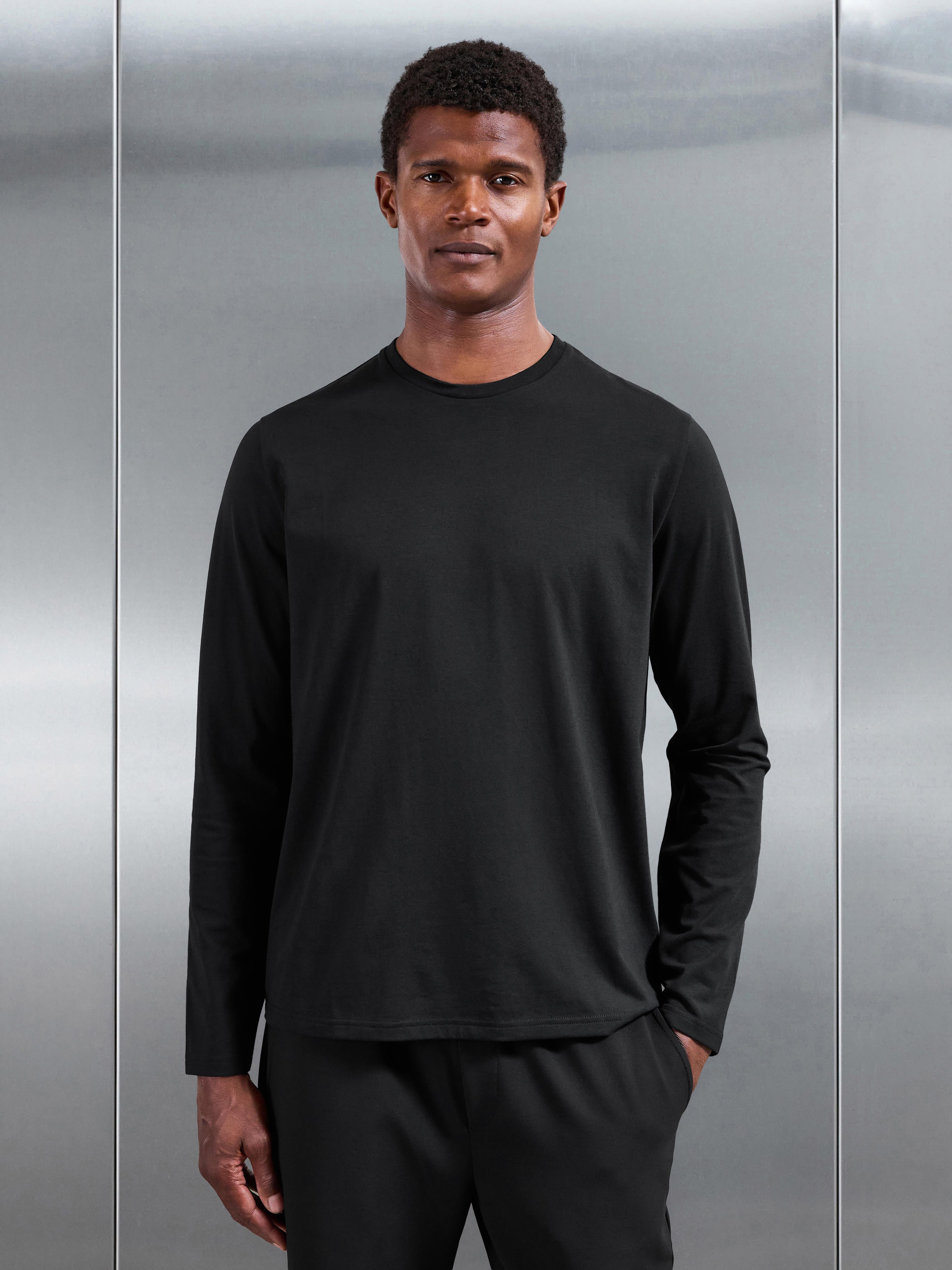 Essential Cotton Stretch Long Sleeve Slim T-Shirt in Black