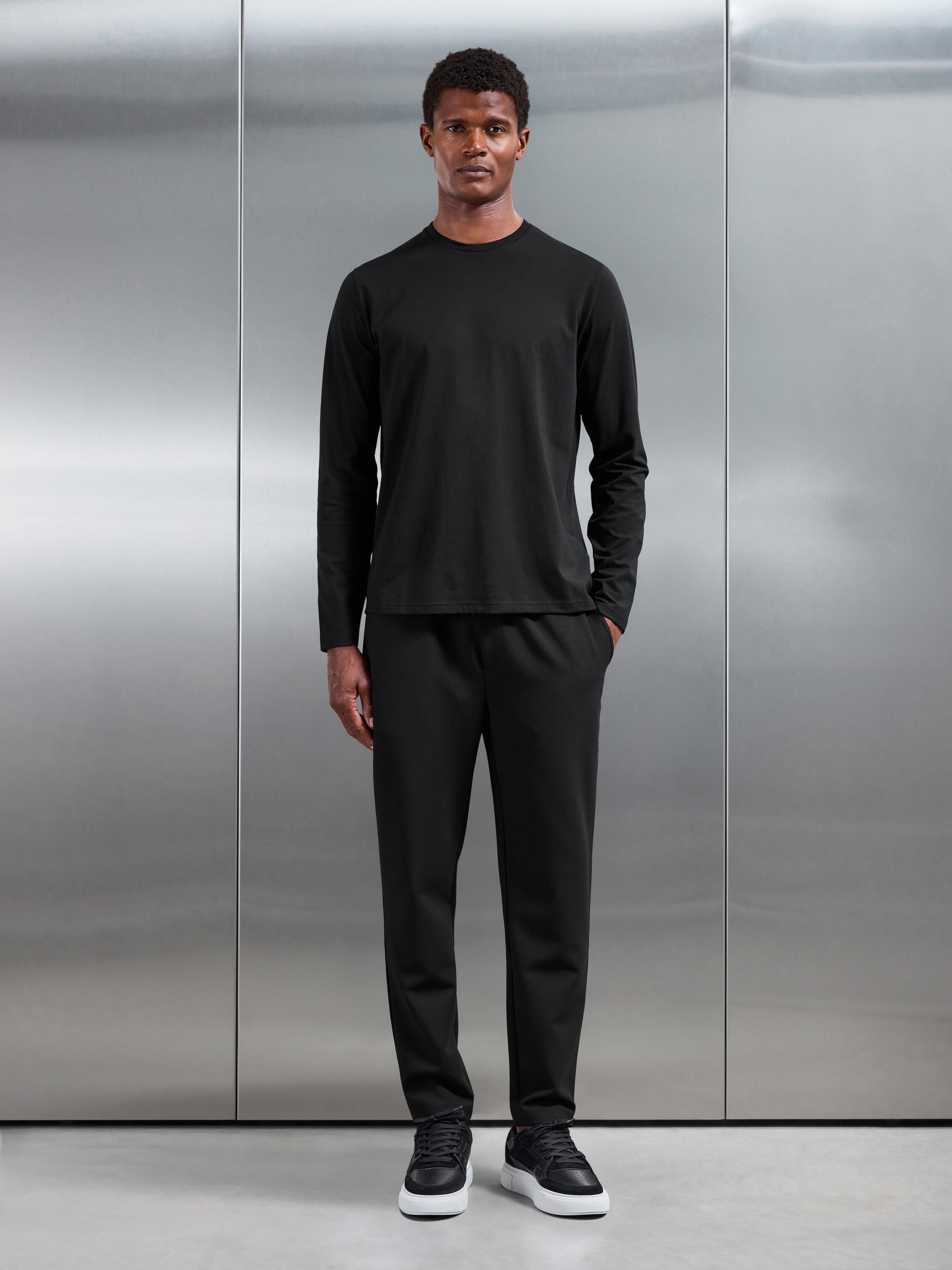 Essential Cotton Stretch Long Sleeve Slim T-Shirt in Black