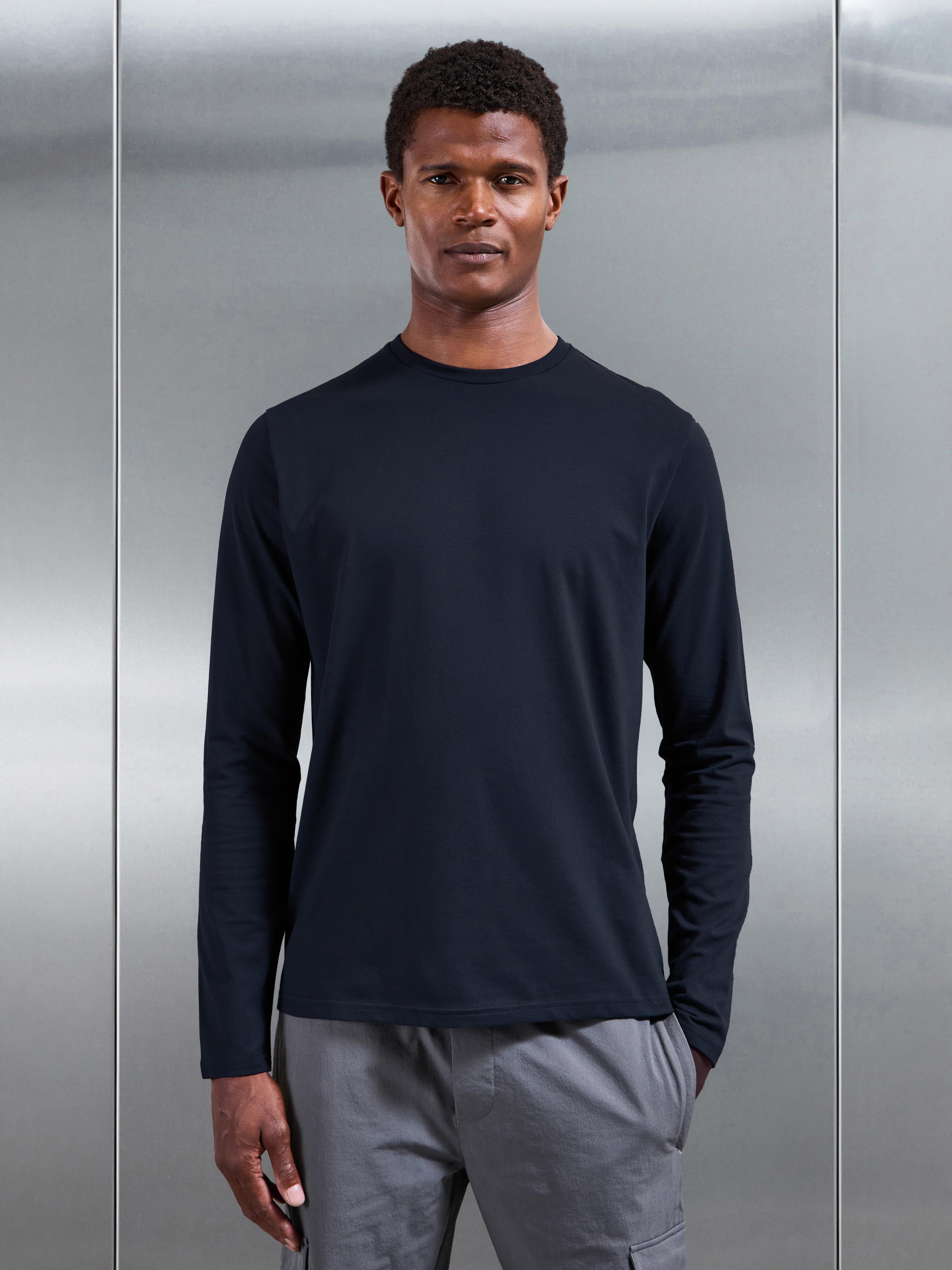 Essential Cotton Stretch Long Sleeve Slim T-Shirt in Navy