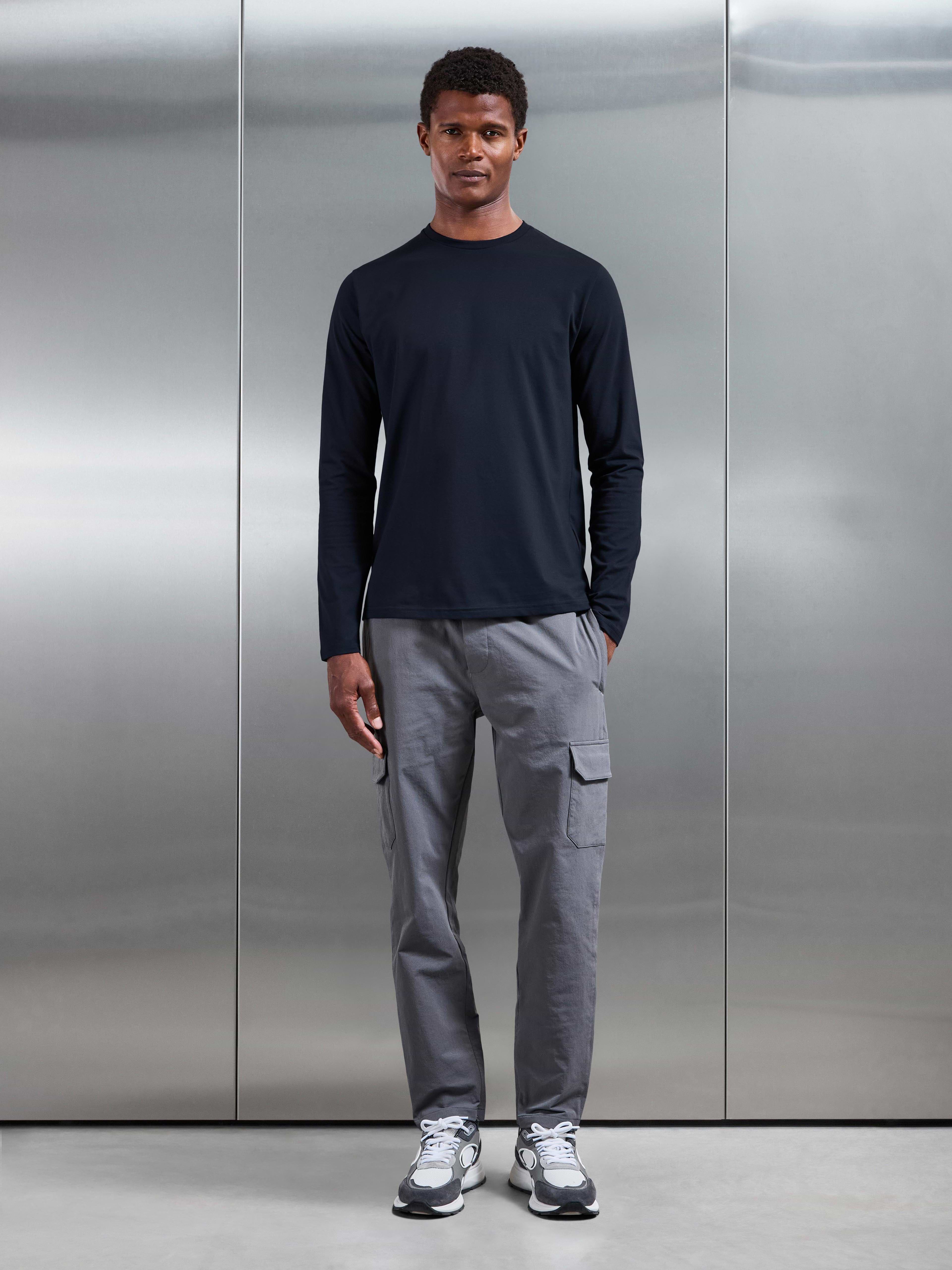 Essential Cotton Stretch Long Sleeve Slim T-Shirt in Navy