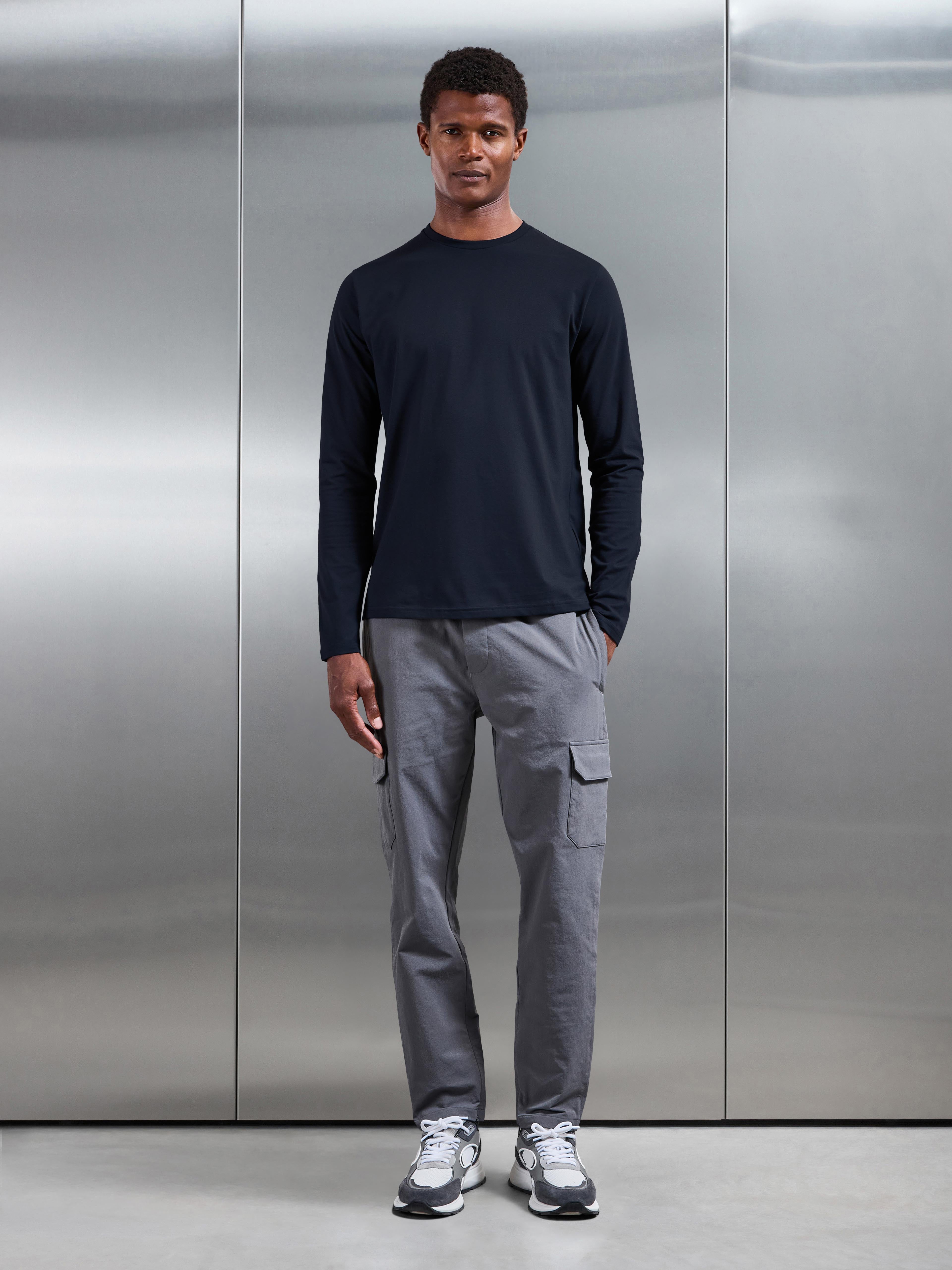 Essential Cotton Stretch Long Sleeve Slim T-Shirt in Navy