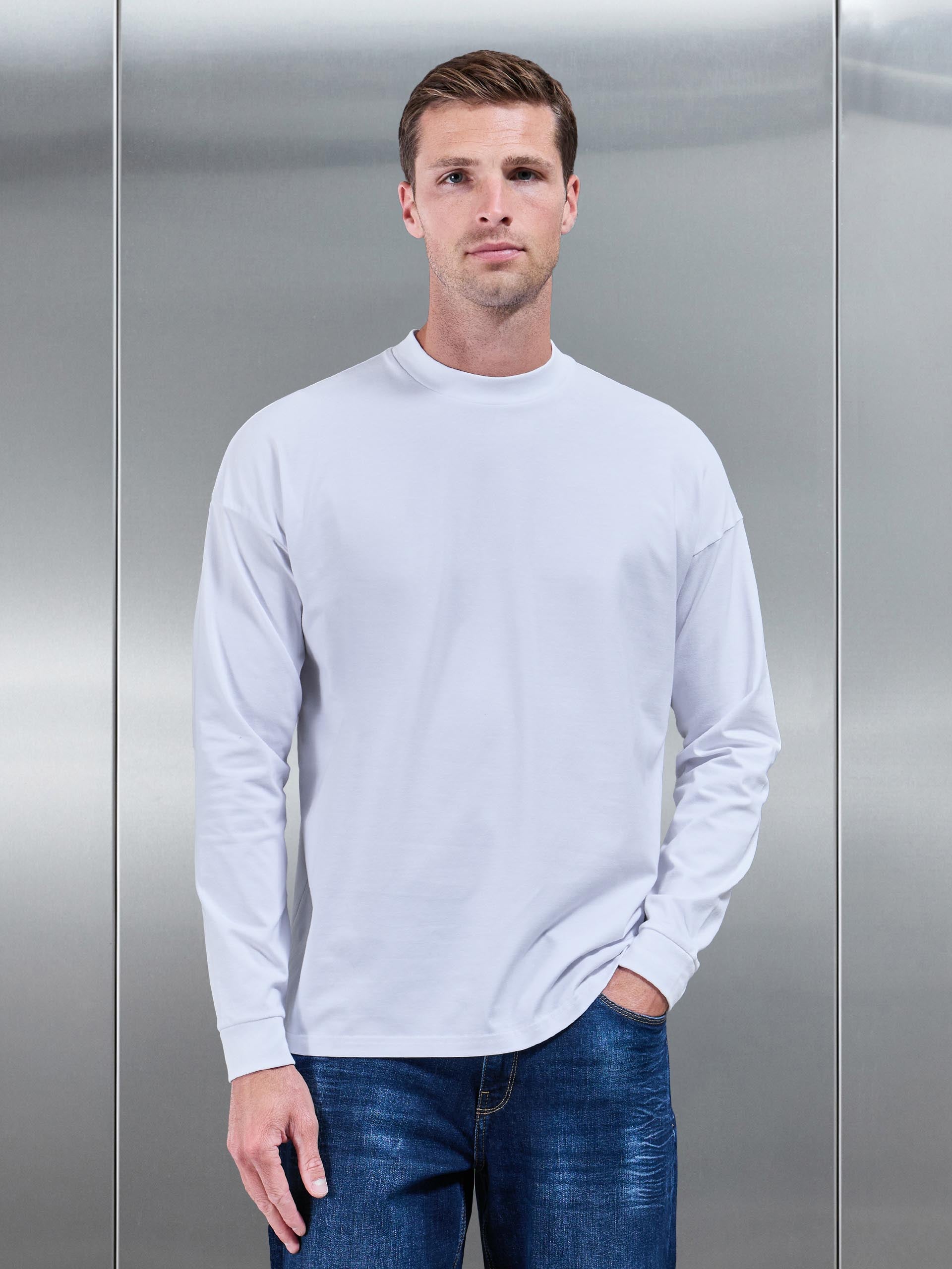 Essential Long Sleeve Relaxed Fit Stretch T-Shirt in White