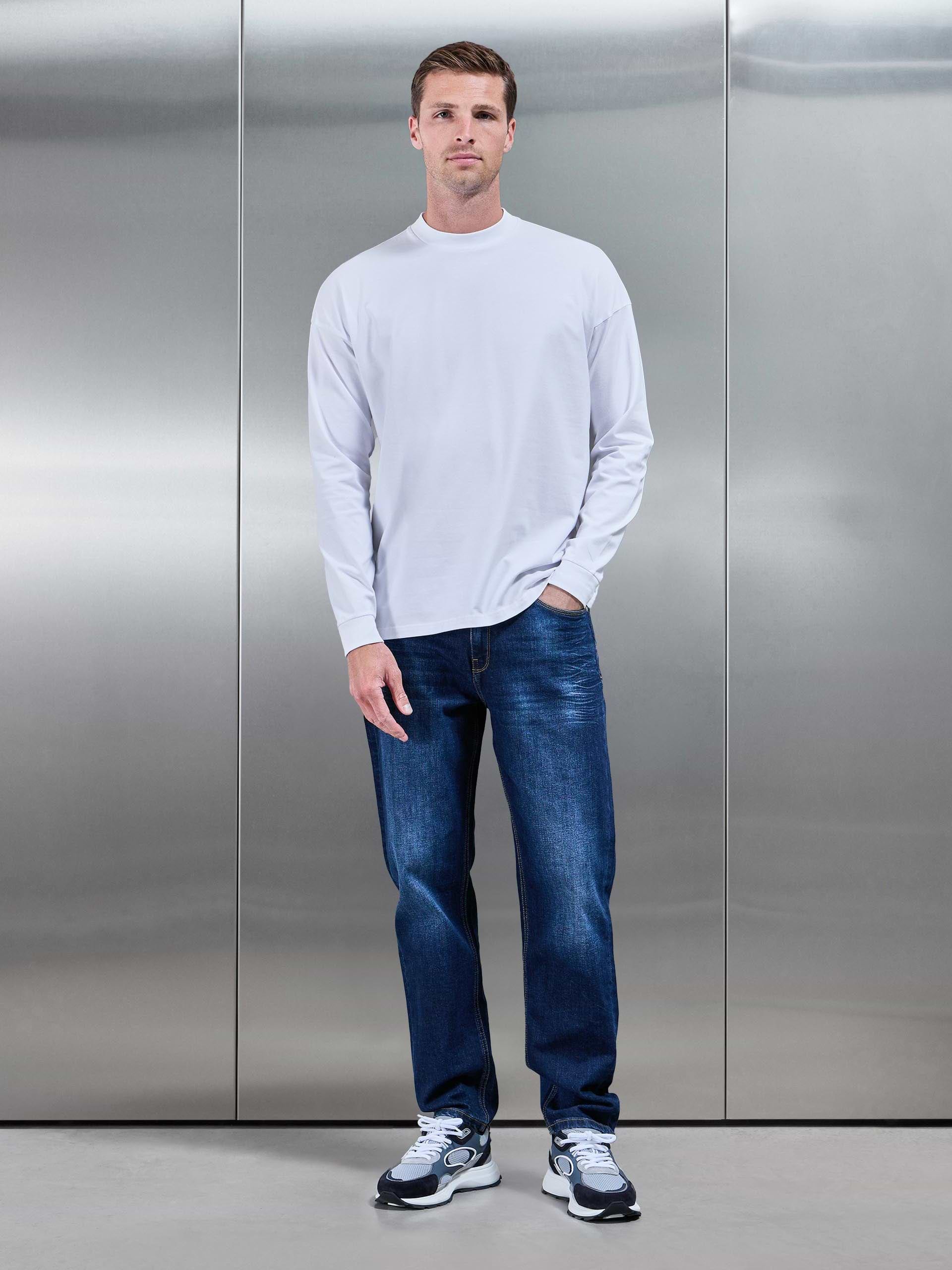 Essential Long Sleeve Relaxed Fit Stretch T-Shirt in White