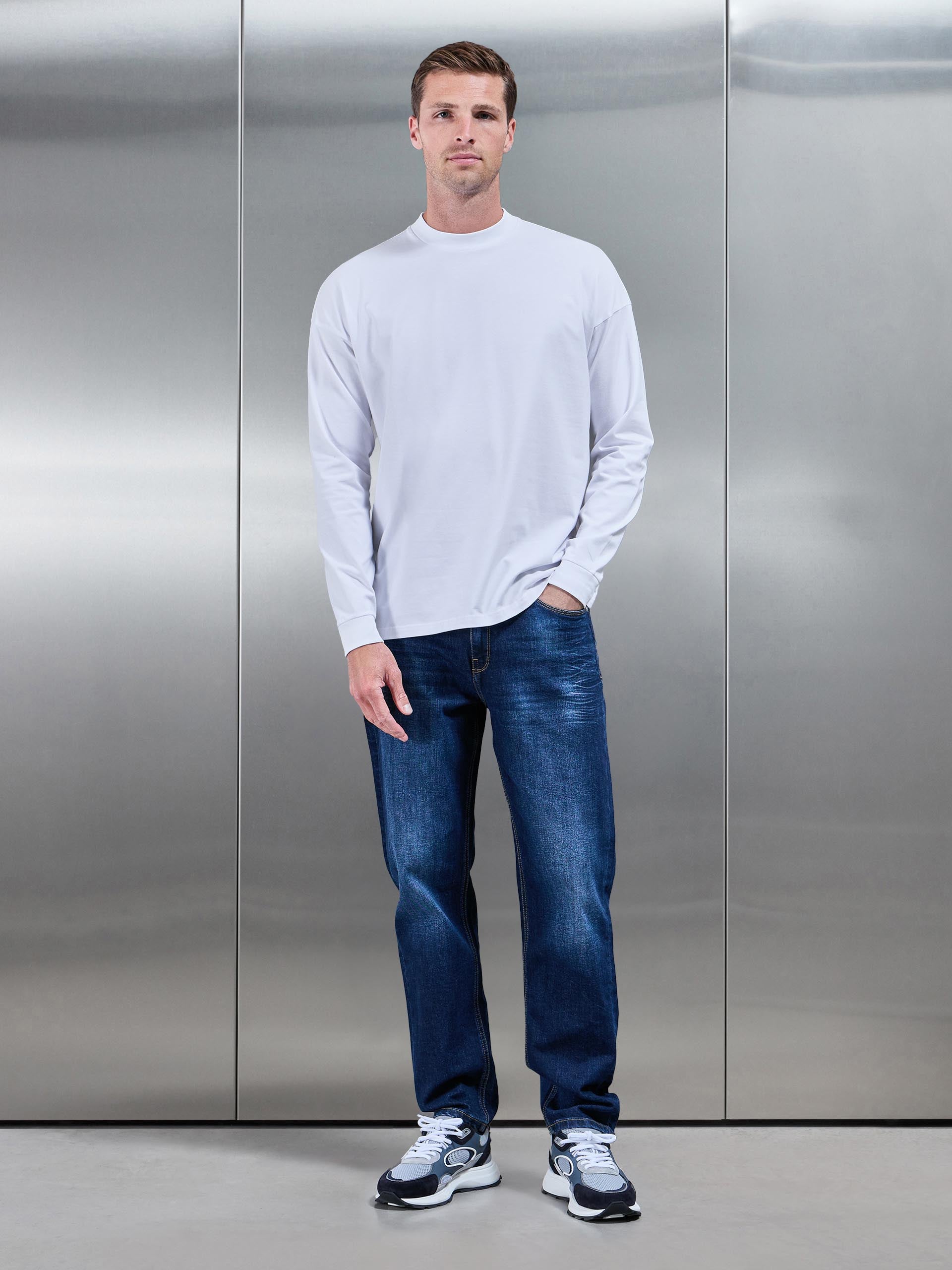 Essential Long Sleeve Relaxed Fit Stretch T-Shirt in White