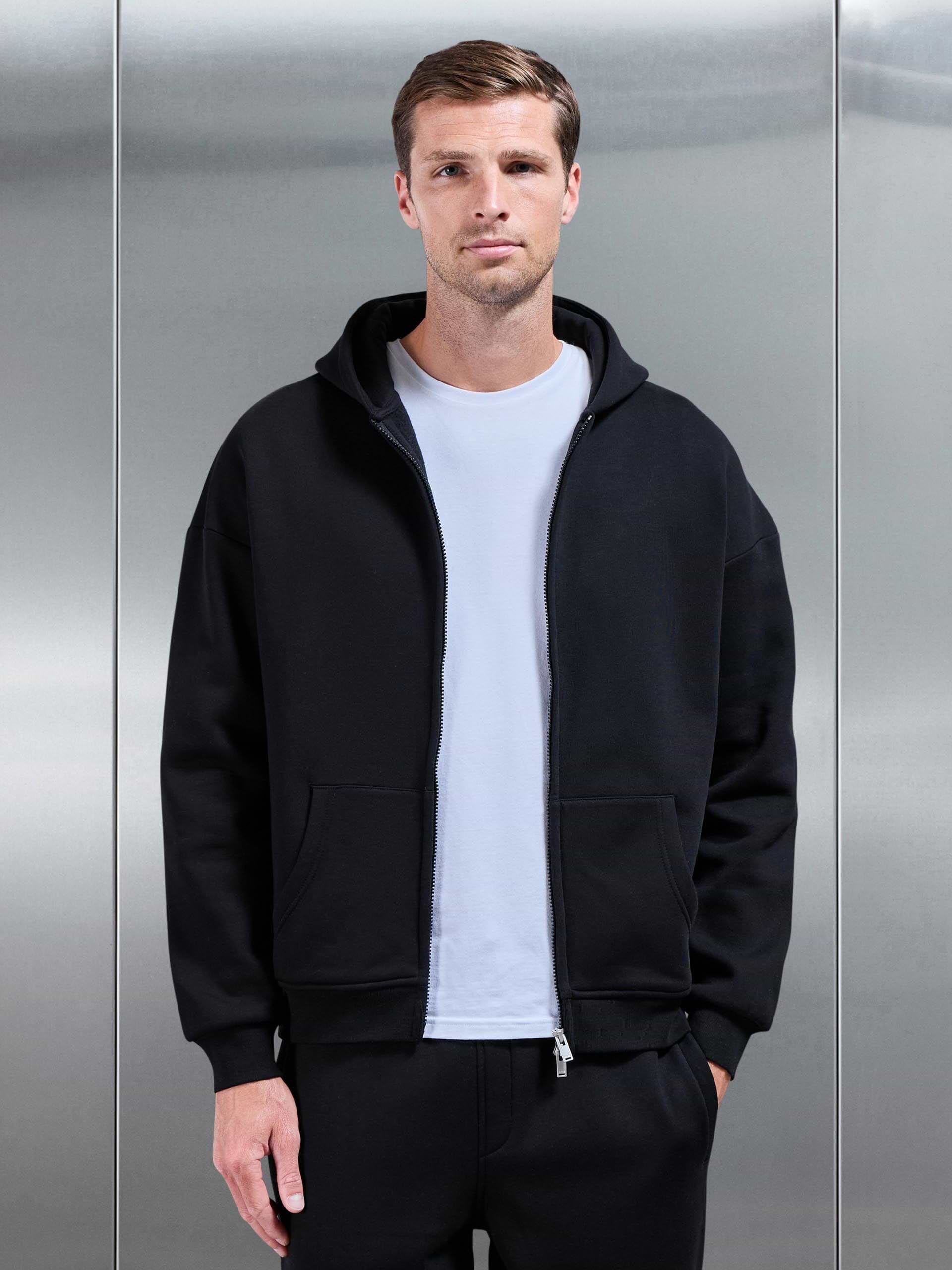 Essential Relaxed Fit Zip Through Hoodie in Black