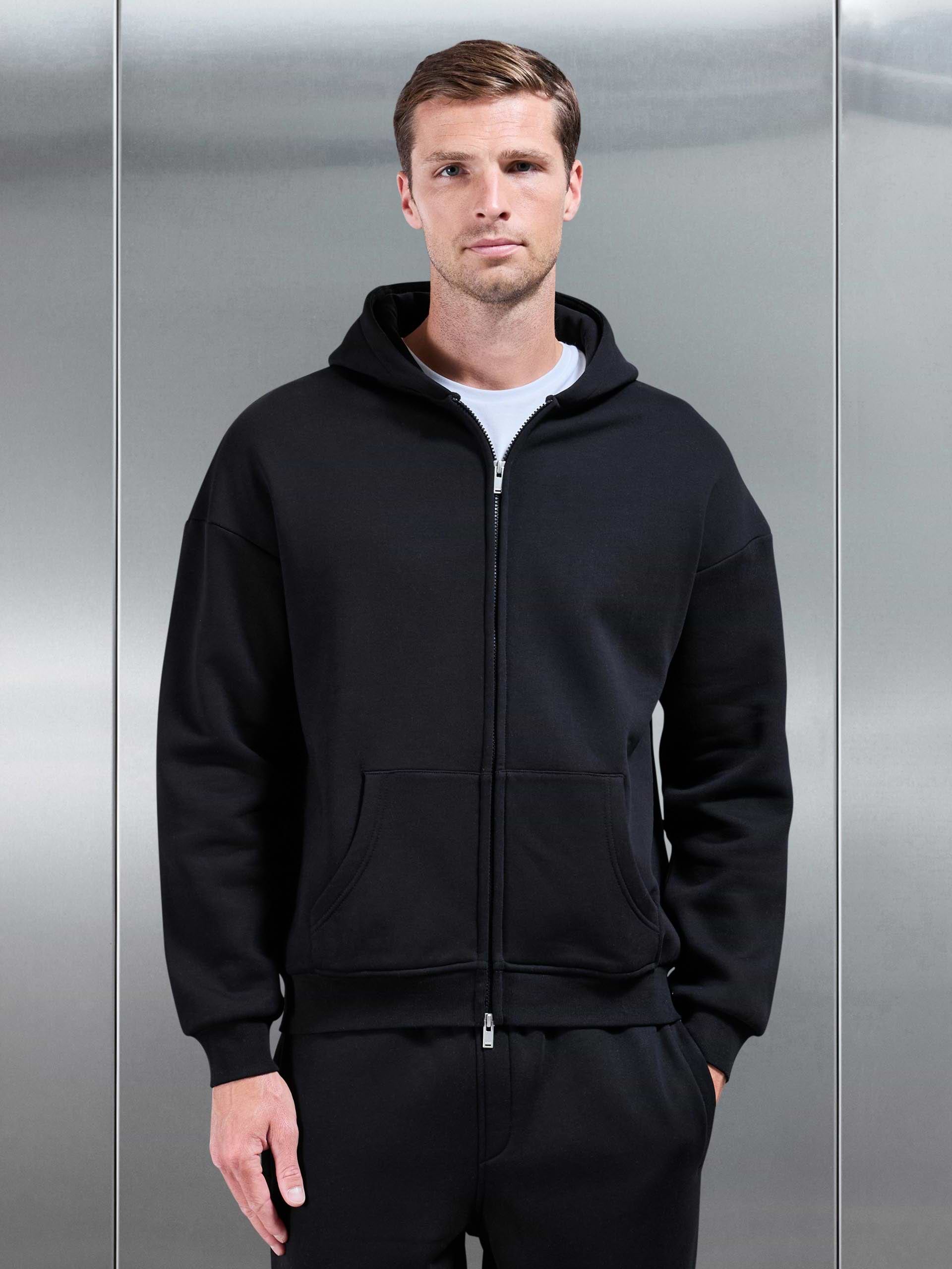 Essential Relaxed Fit Zip Through Hoodie in Black