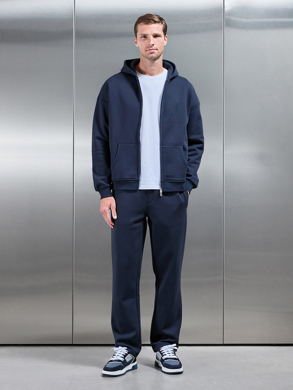 Essential Relaxed Fit Zip Through Hoodie in Navy | ARNE UK
