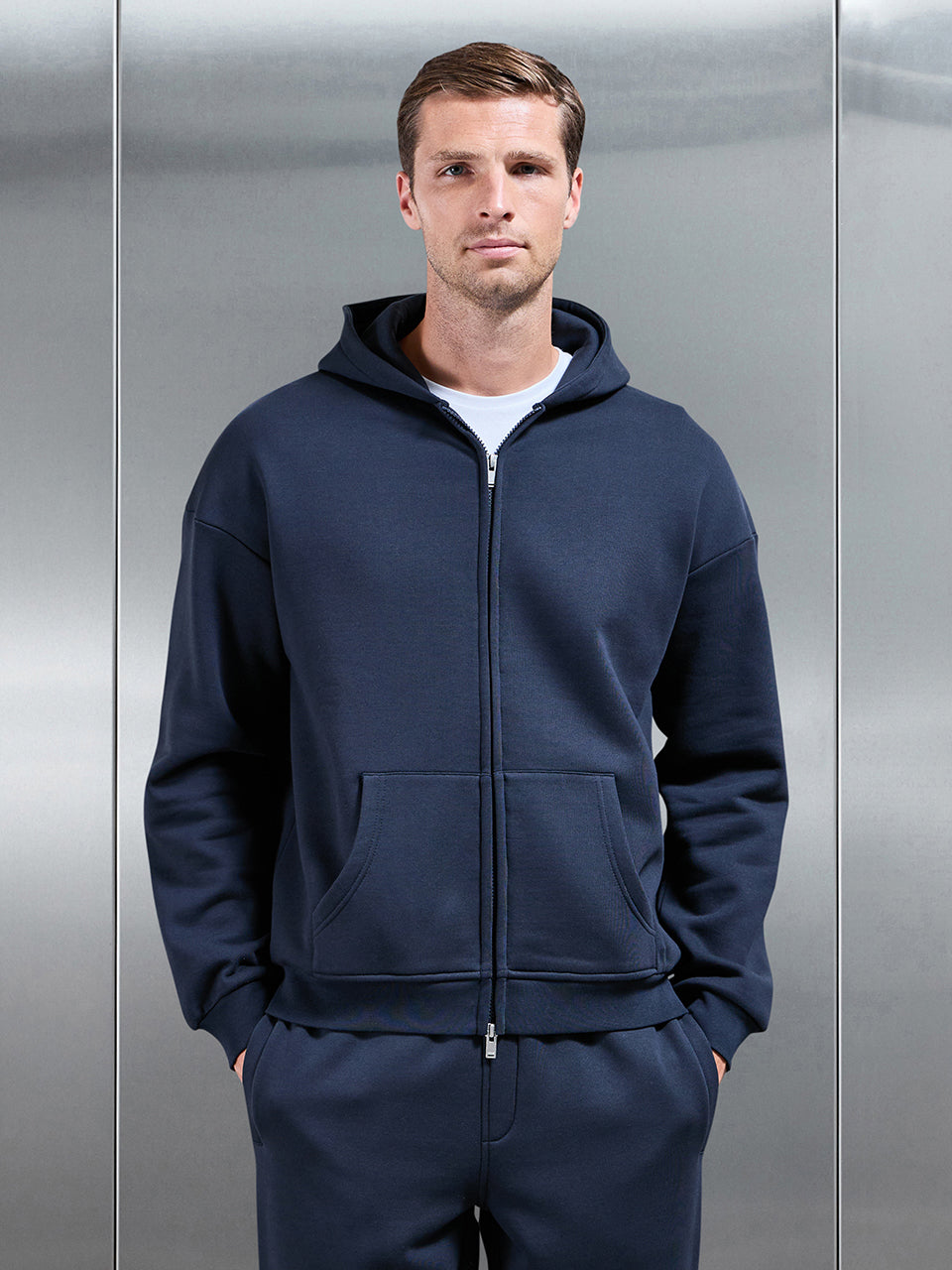 Essential Relaxed Fit Zip Through Hoodie in Navy | ARNE UK