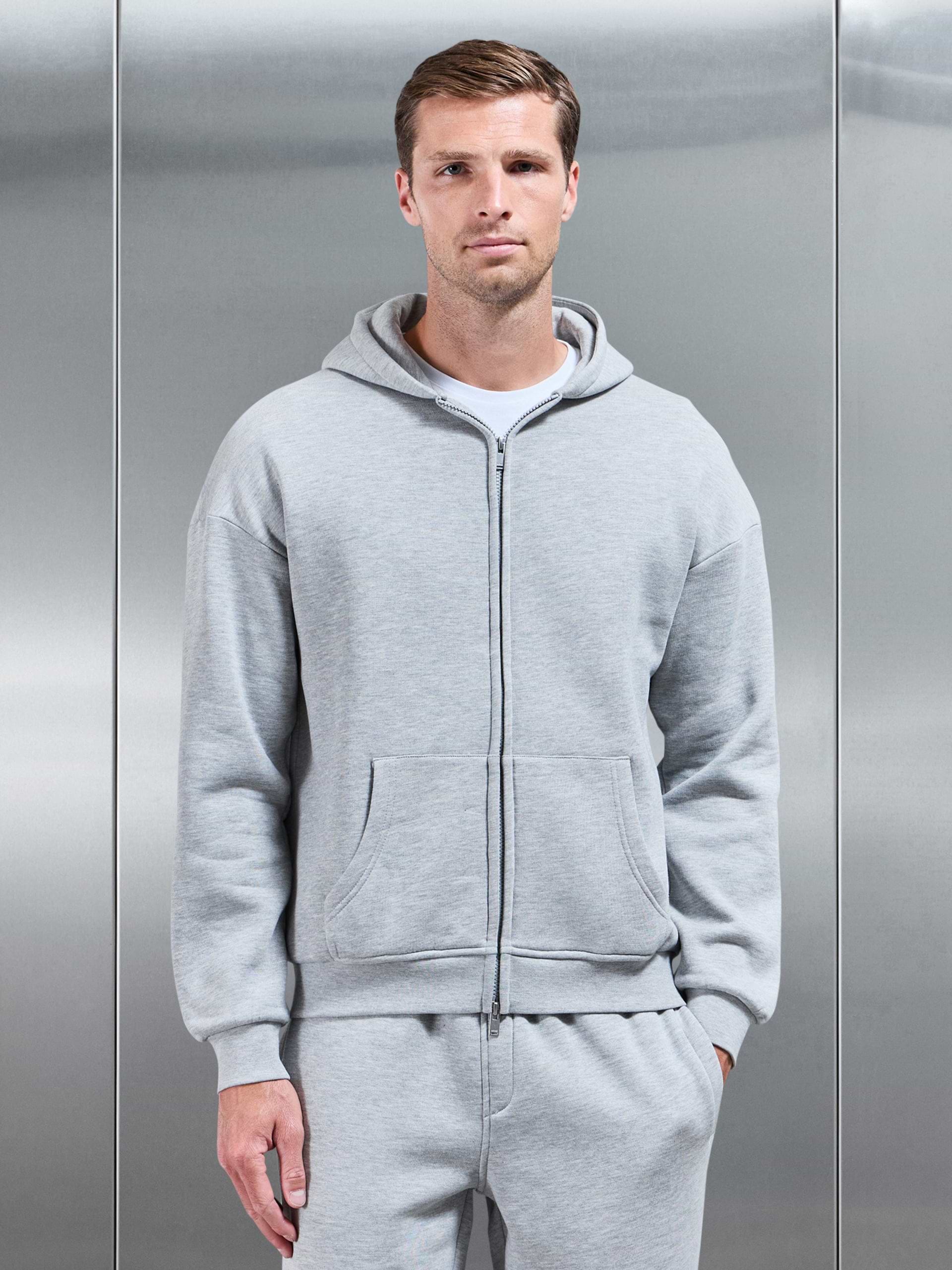 Essential Relaxed Fit Zip Through Hoodie in Marl Grey