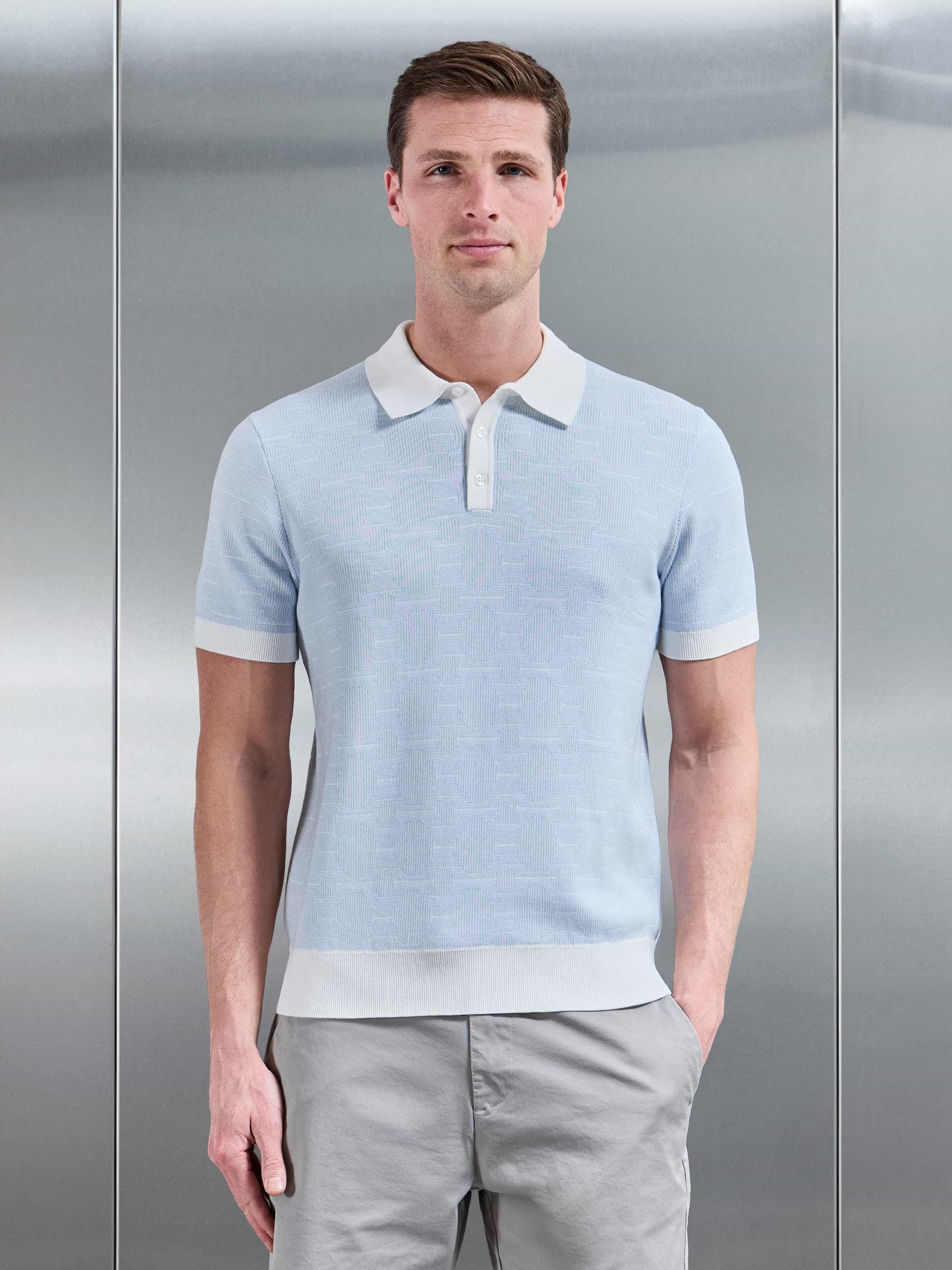 Este Knitted Button Polo Shirt in Light Blue