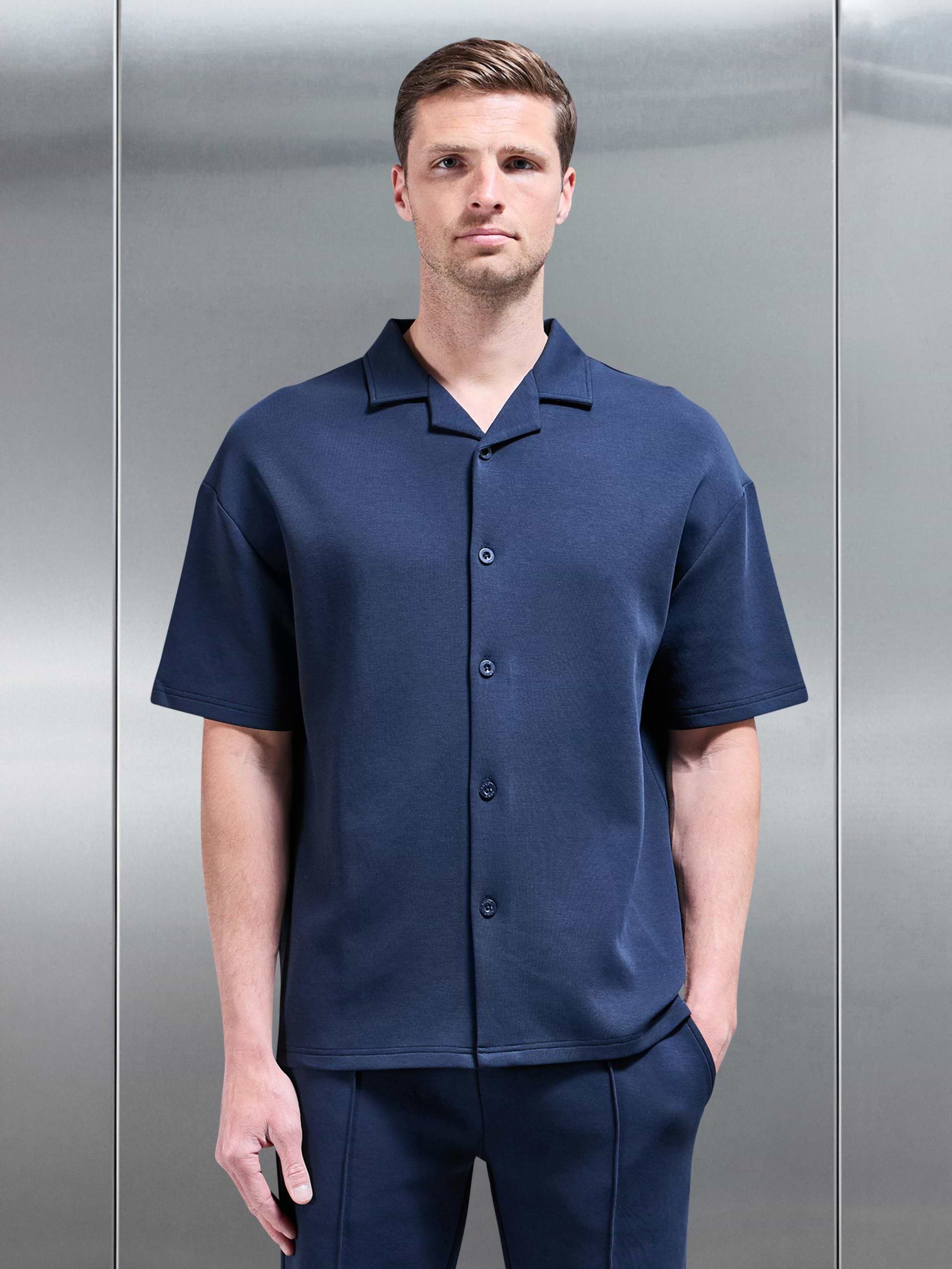 Everyday Luxe Revere Collar Button Shirt in Navy