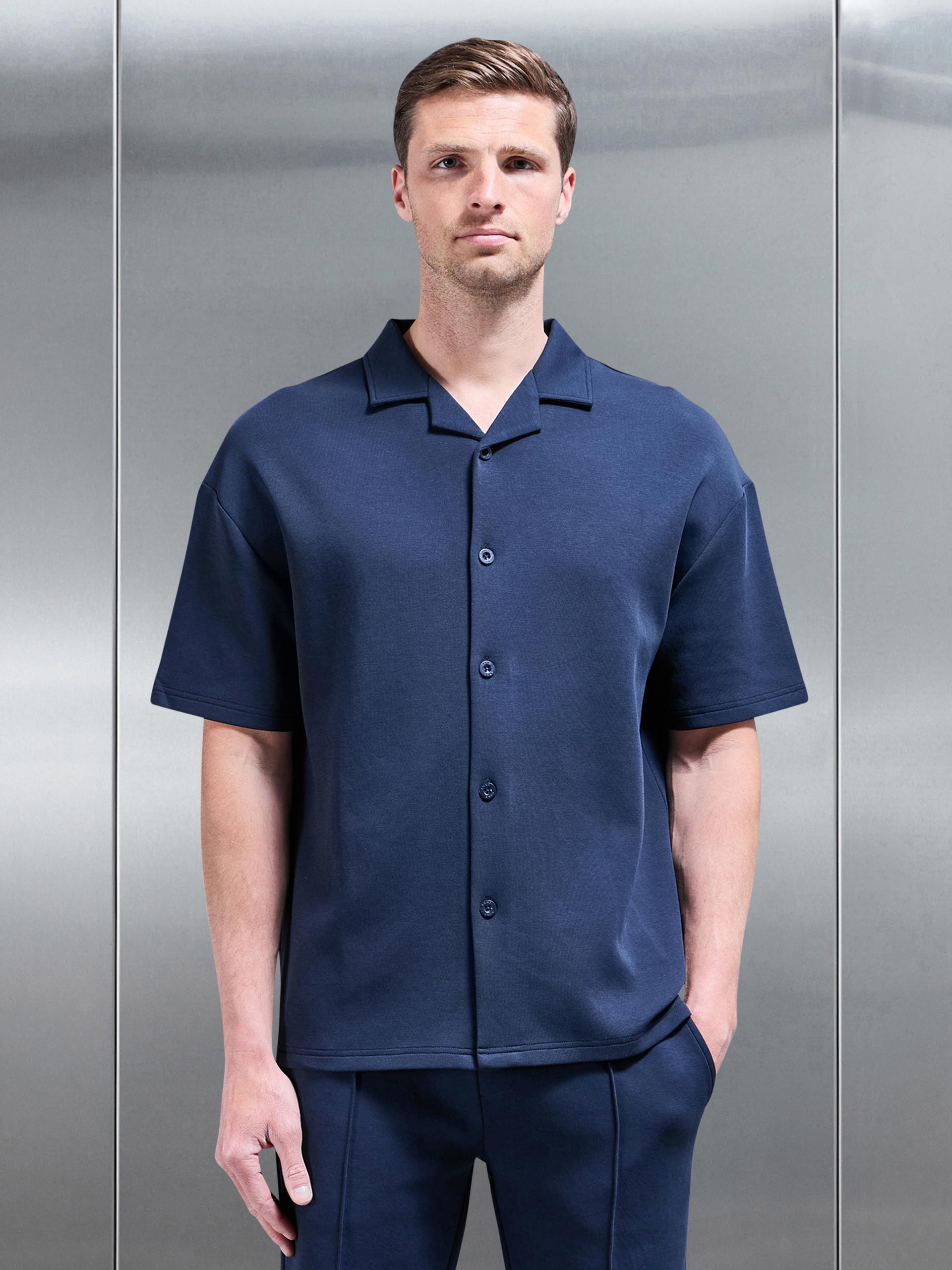 Everyday Luxe Revere Collar Button Shirt in Navy