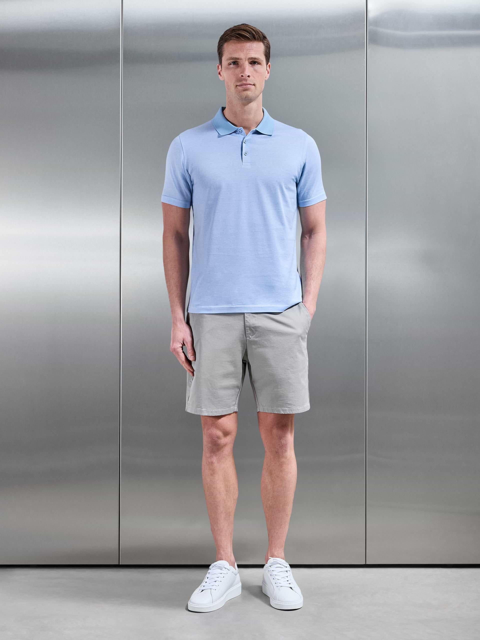 Fine Stripe Mercerised Polo Shirt in Light Blue