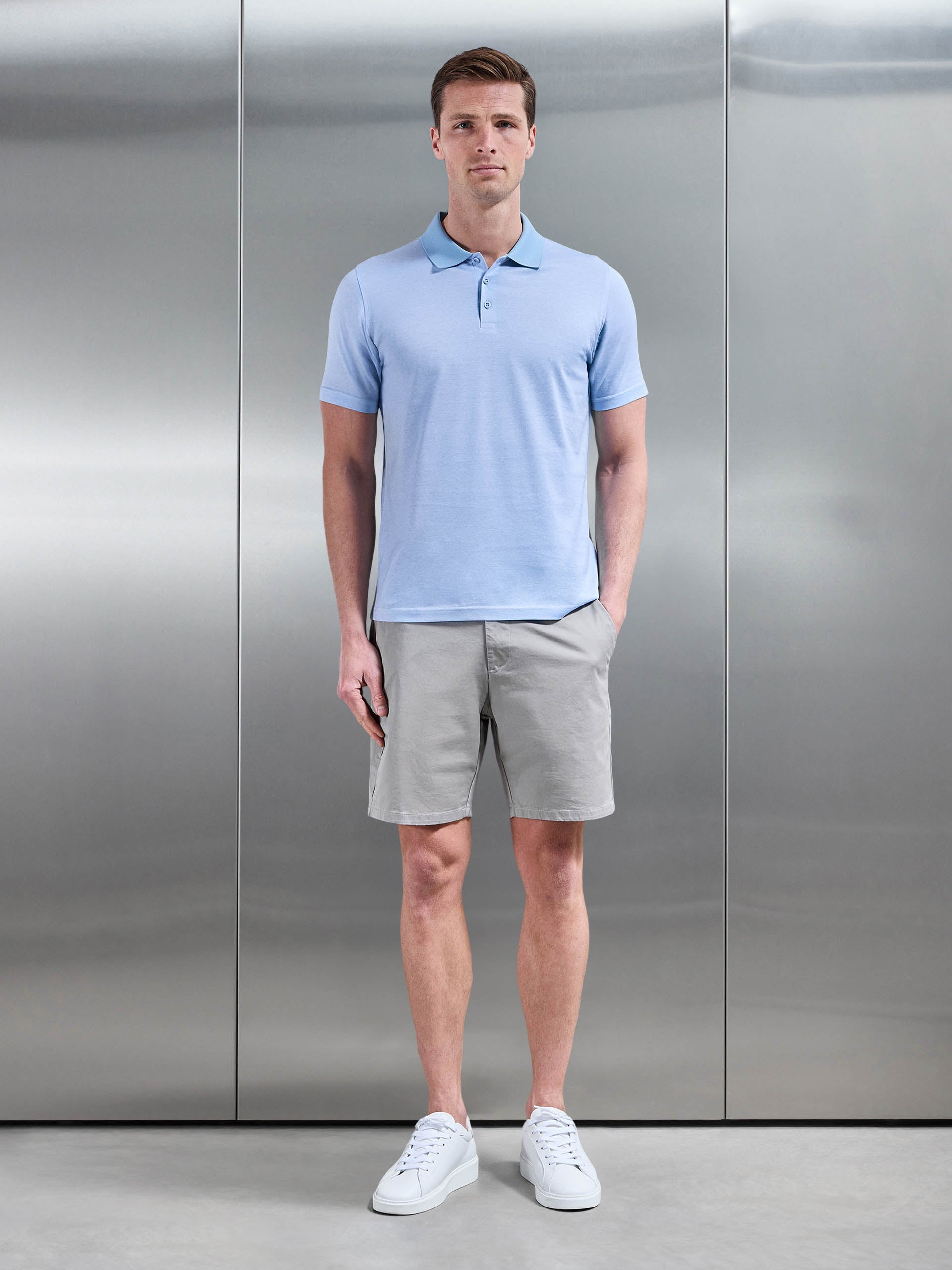 Fine Stripe Mercerised Polo Shirt in Light Blue