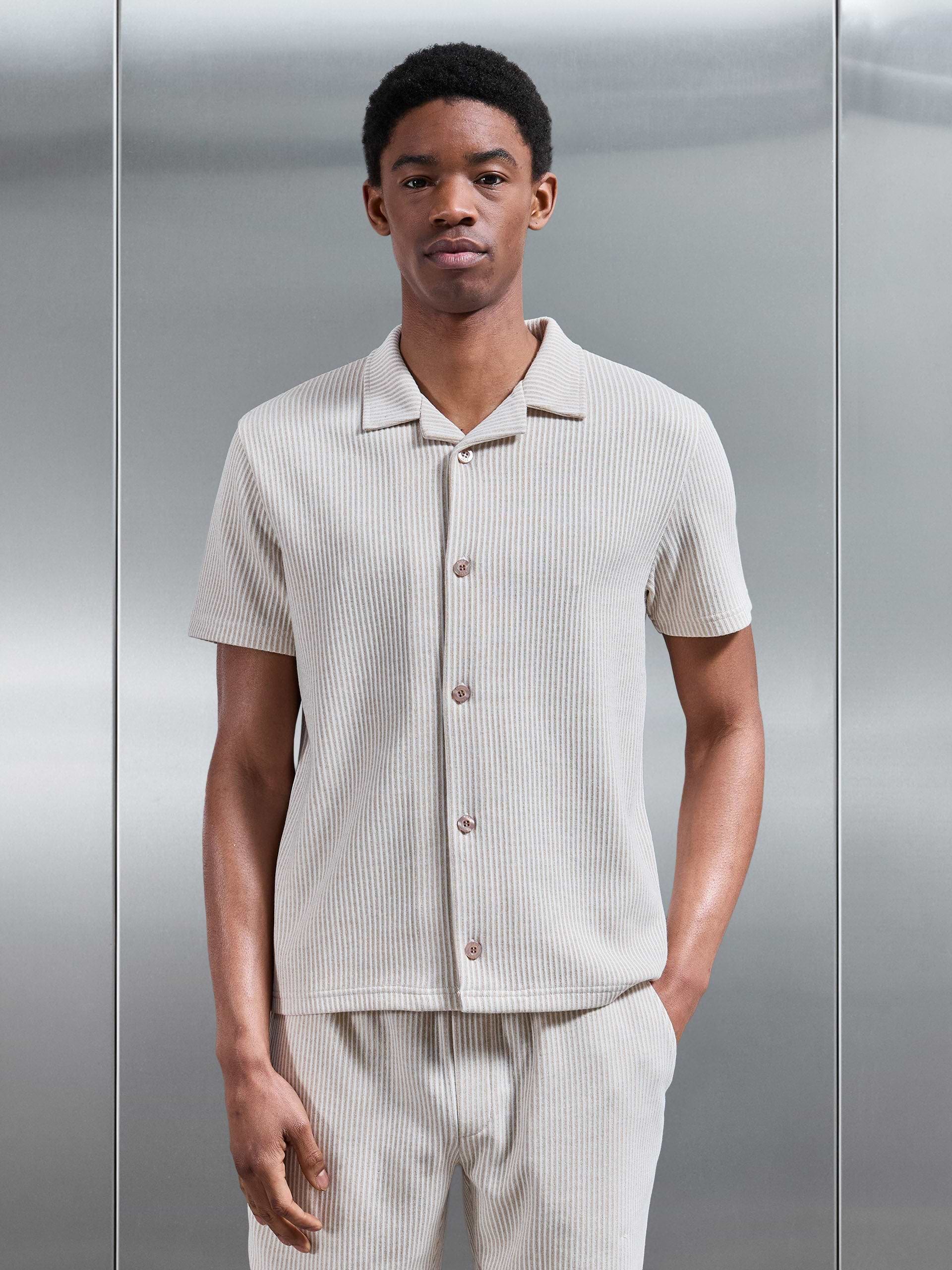 Forde Knitted Stripe Revere Collar Shirt in Stone