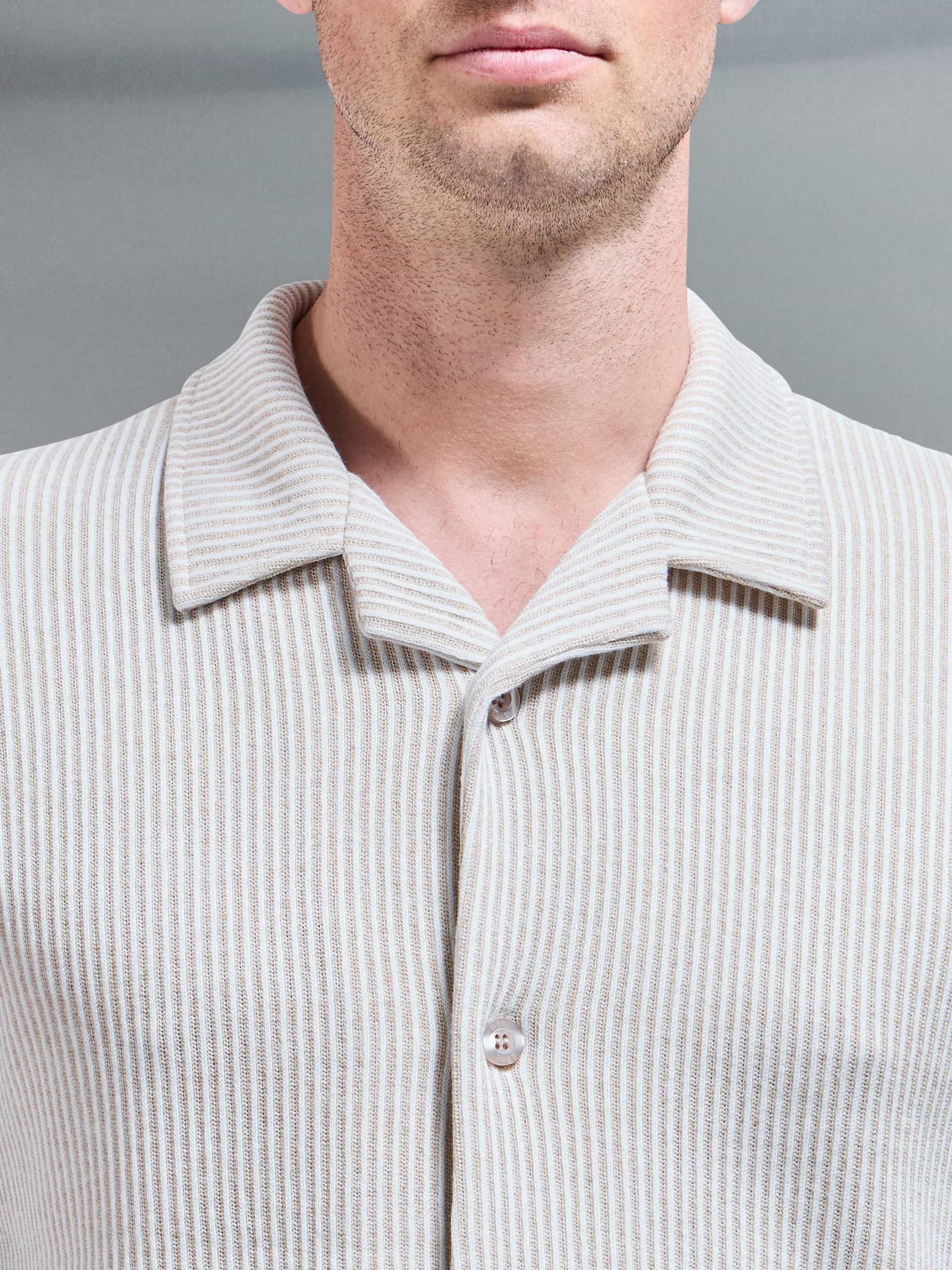 Forde Knitted Stripe Revere Collar Shirt in Stone