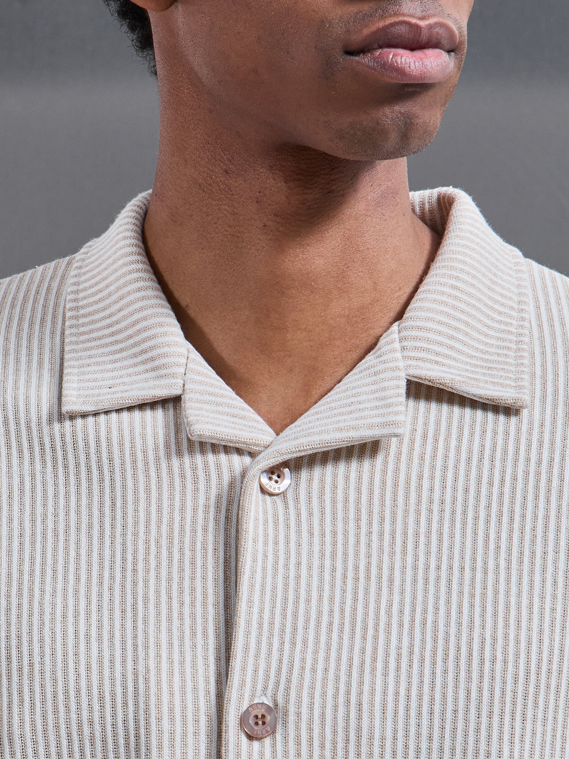 Forde Knitted Stripe Revere Collar Shirt in Stone