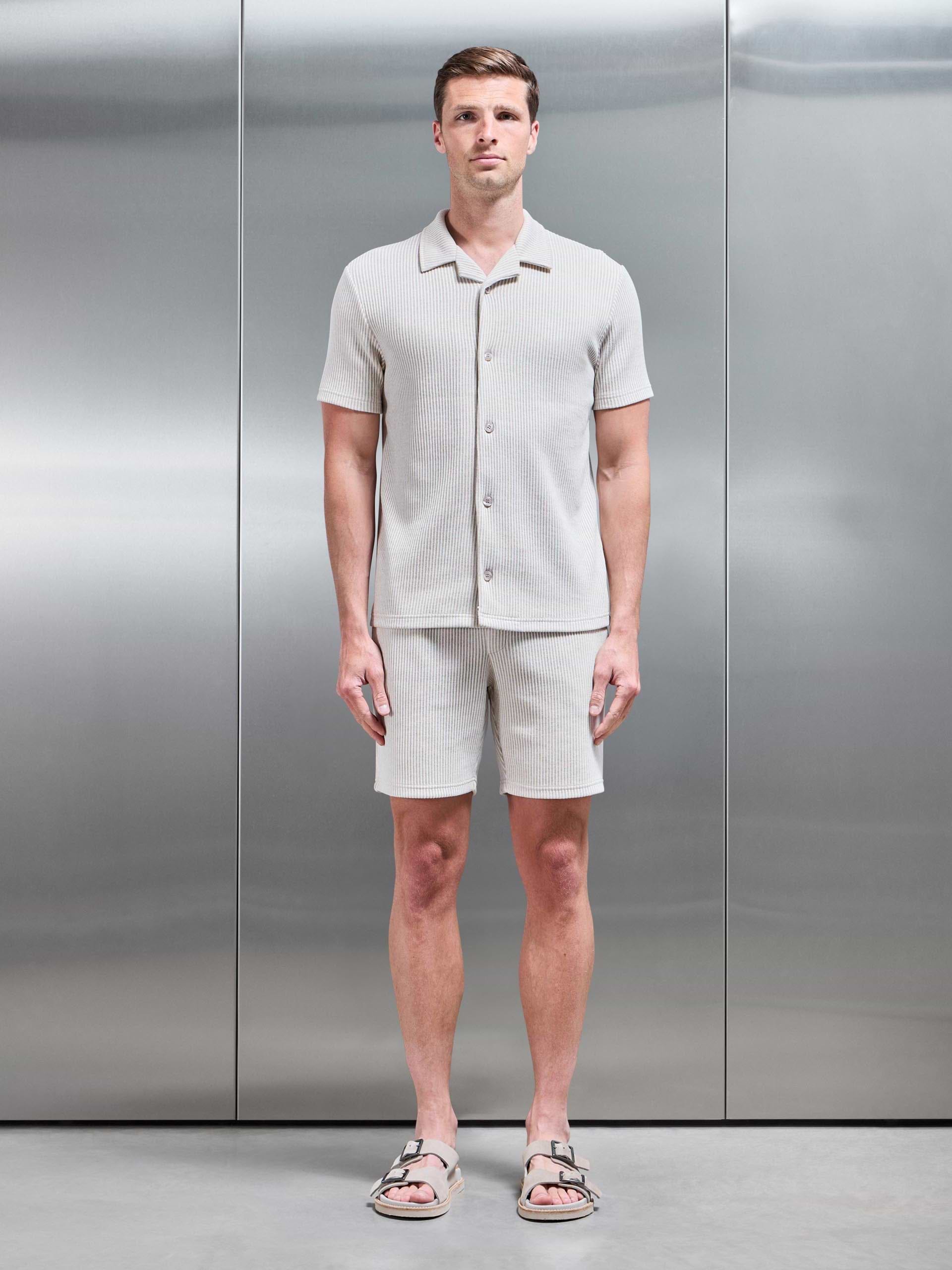 Forde Knitted Stripe Revere Collar Shirt in Stone