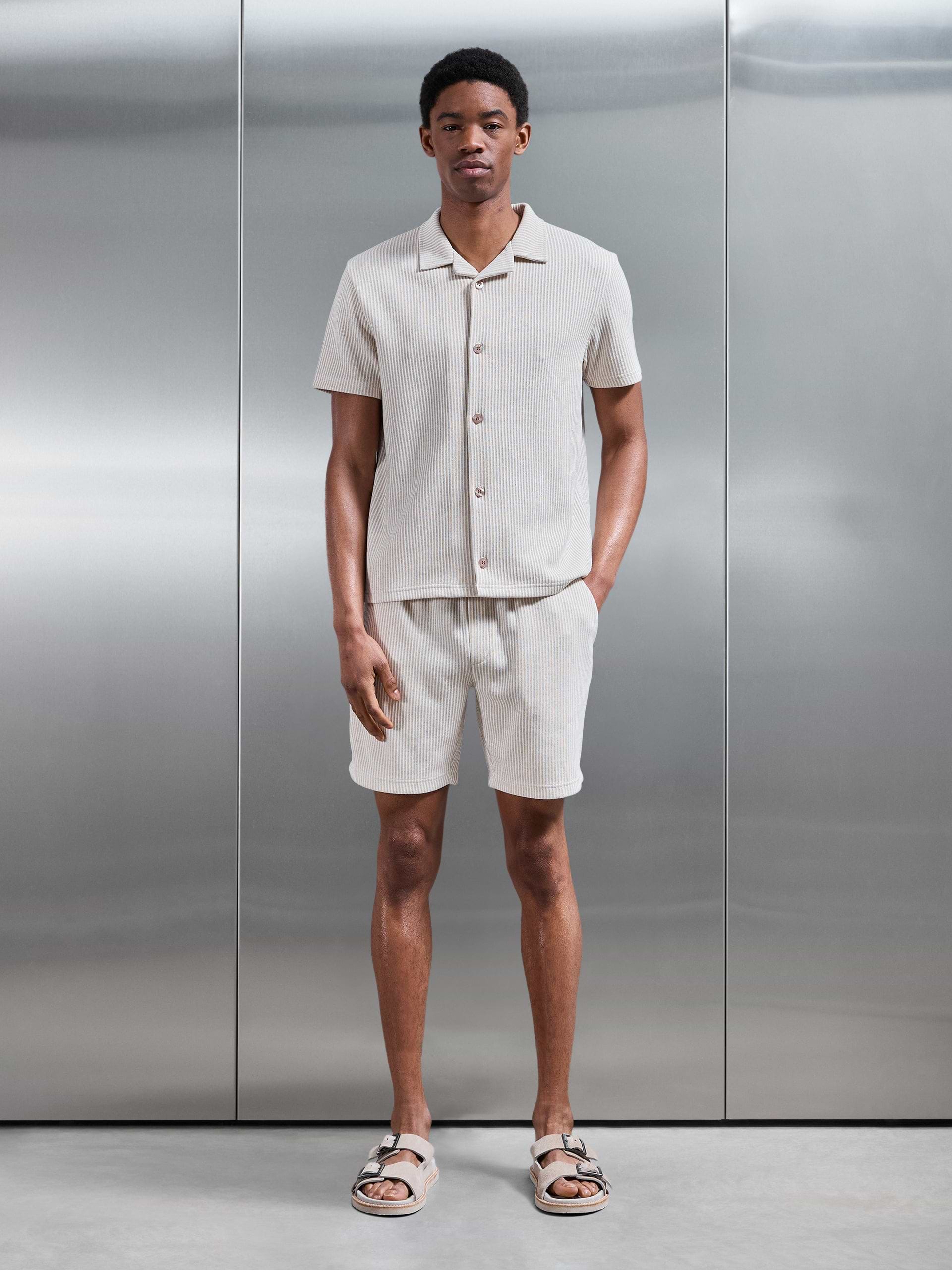 Forde Knitted Stripe Revere Collar Shirt in Stone