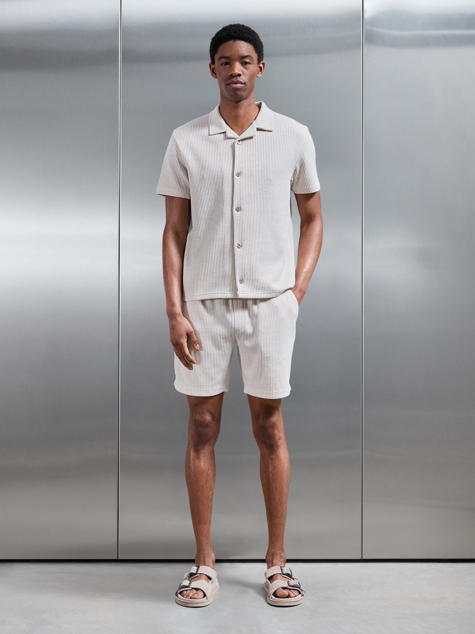 Forde Knitted Stripe Revere Collar Shirt in Stone