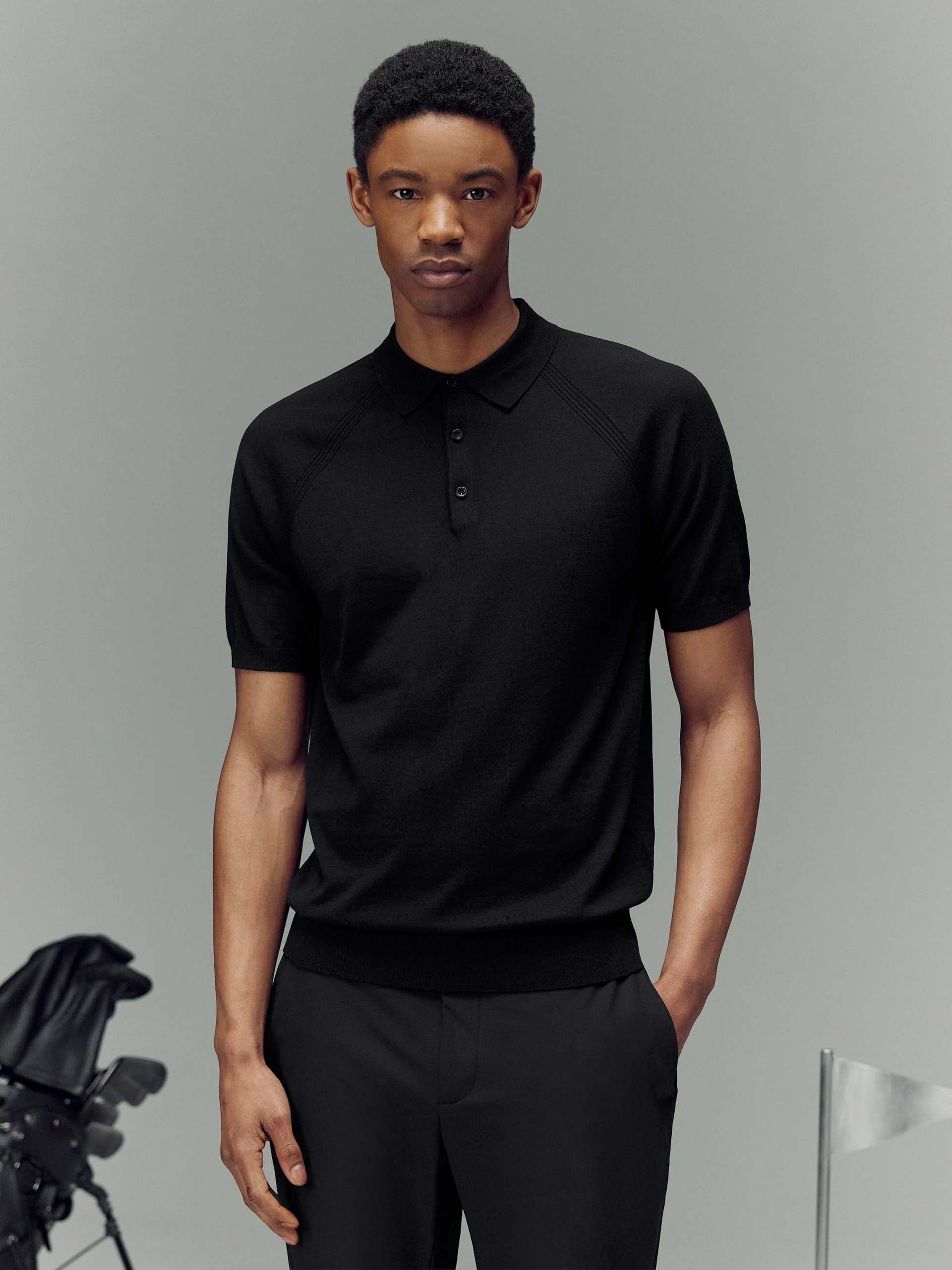 Golf Knitted Button Polo Shirt in Black