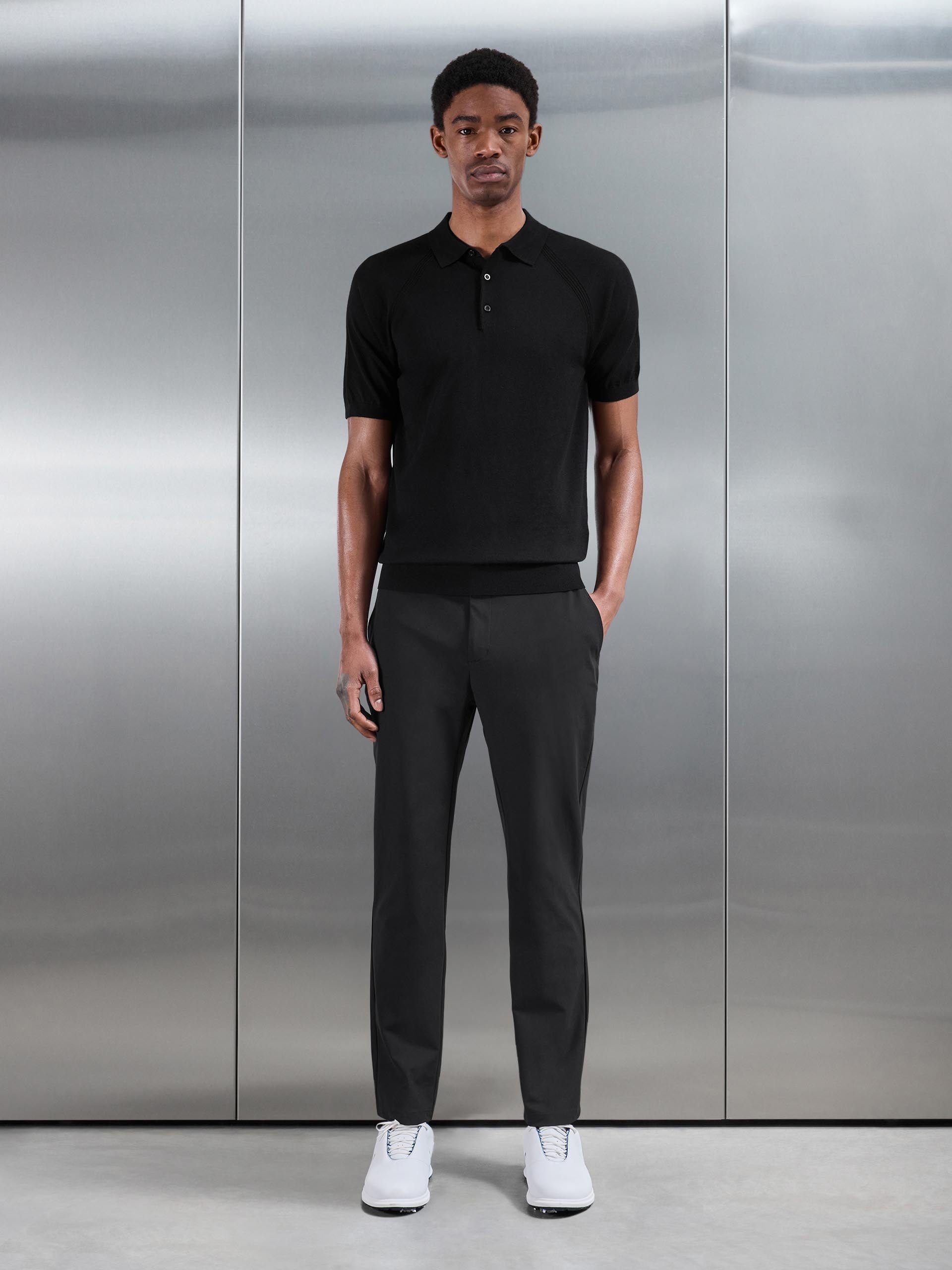 Golf Knitted Button Polo Shirt in Black