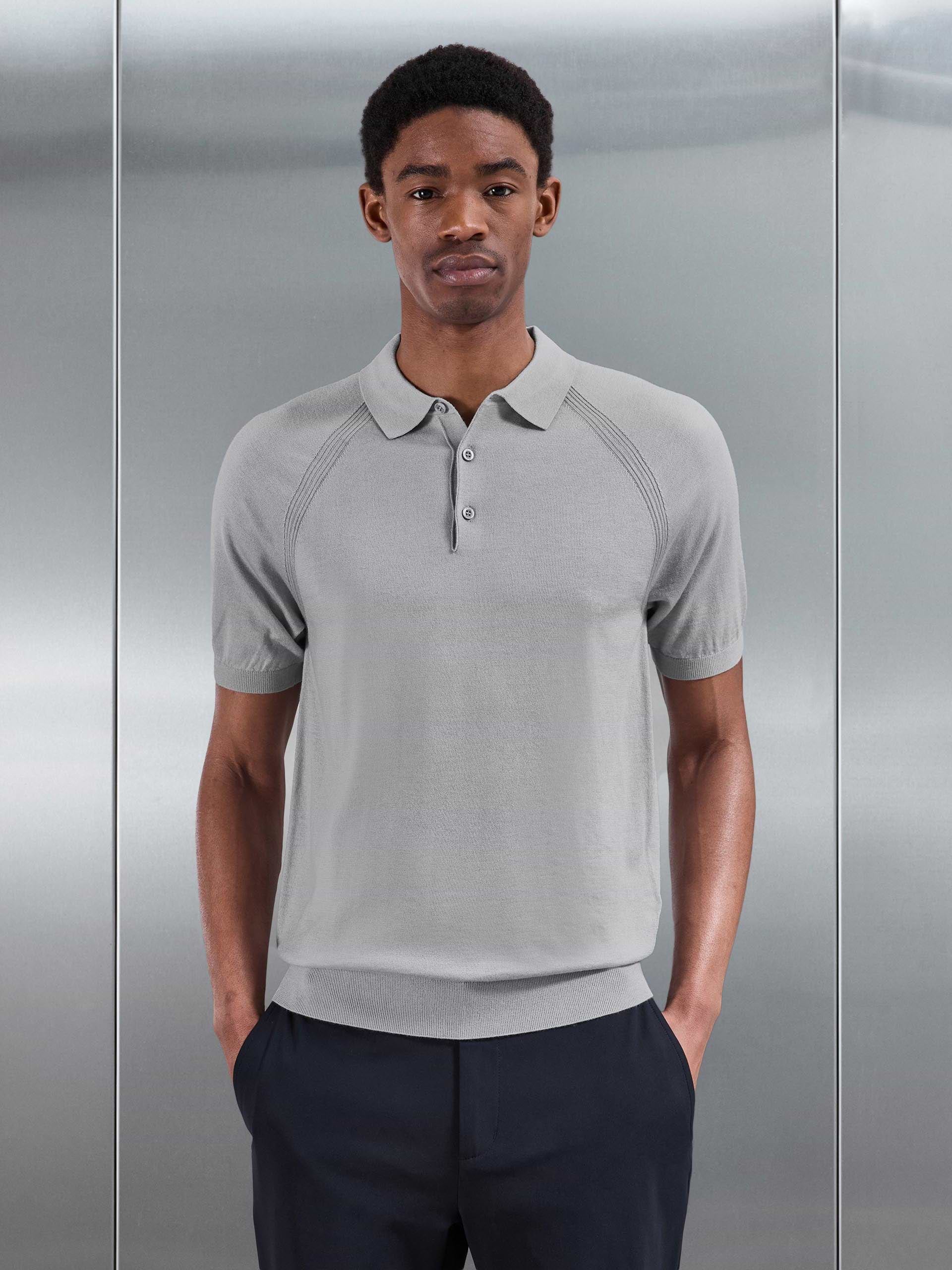 Golf Knitted Button Polo Shirt in Mid Grey