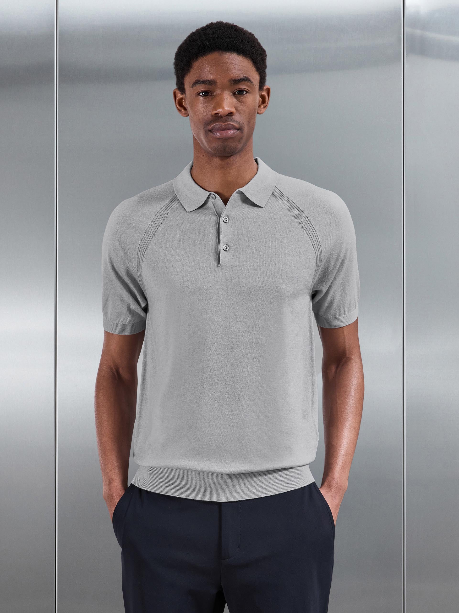 Golf Knitted Button Polo Shirt in Mid Grey
