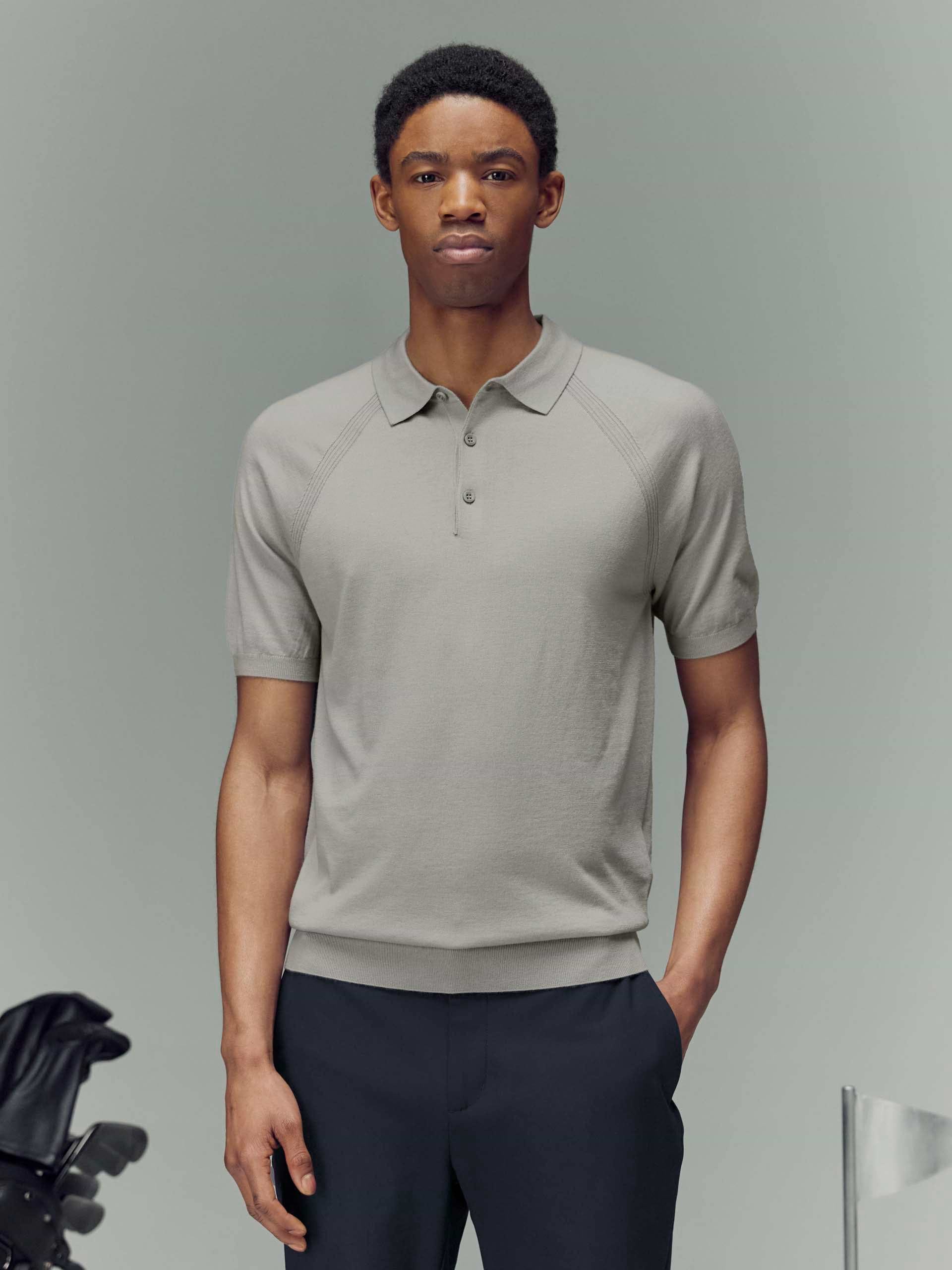 Golf Knitted Button Polo Shirt in Mid Grey