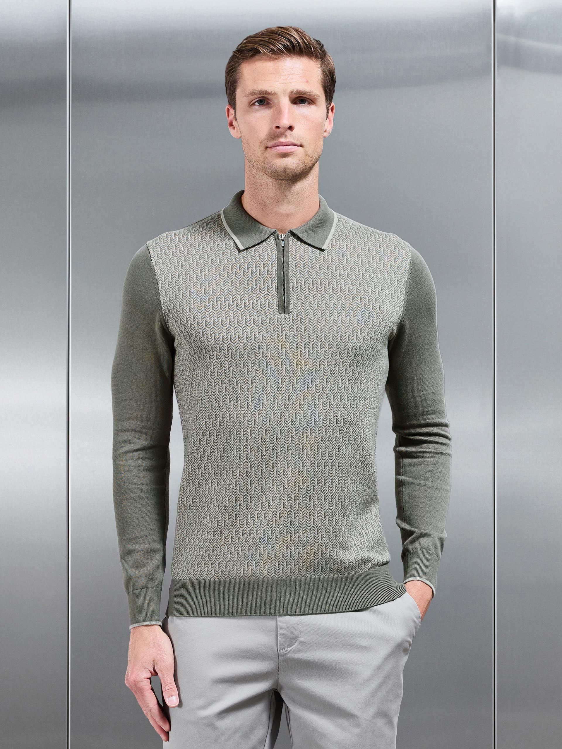 Herringbone Long Sleeve Zip Polo Shirt in Sage
