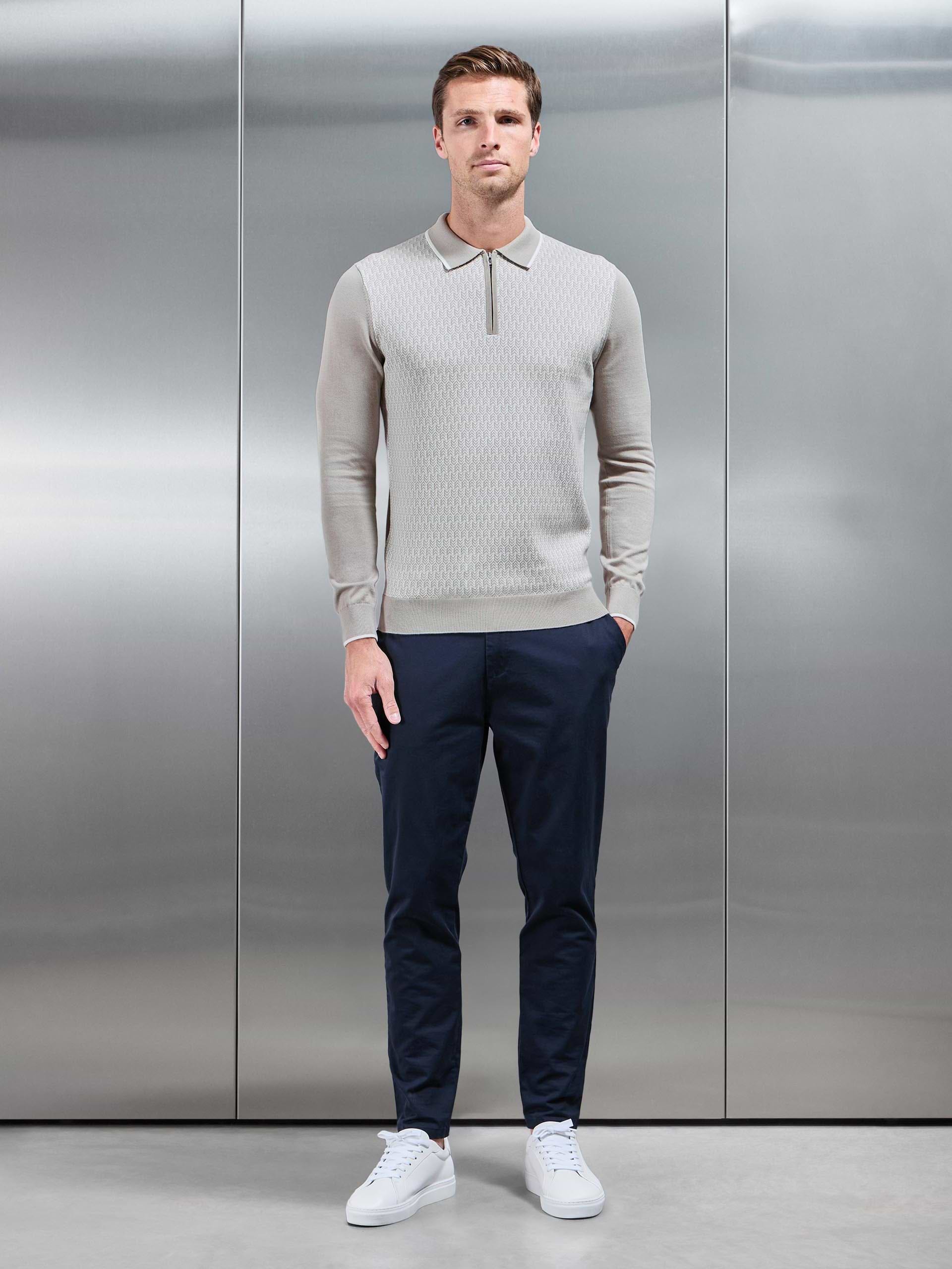 Herringbone Long Sleeve Zip Polo Shirt in Stone