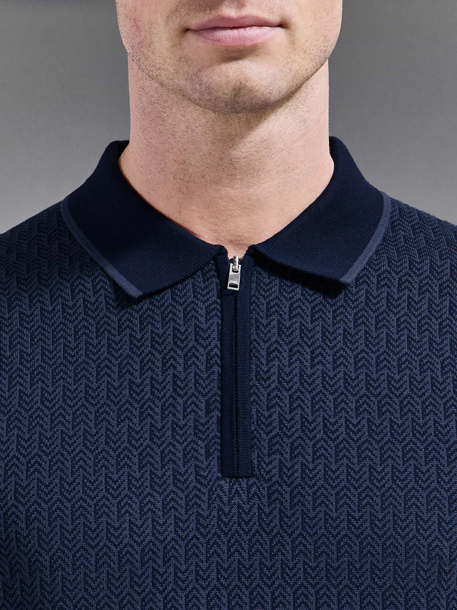 Herringbone Knitted Zip Polo Shirt in Navy