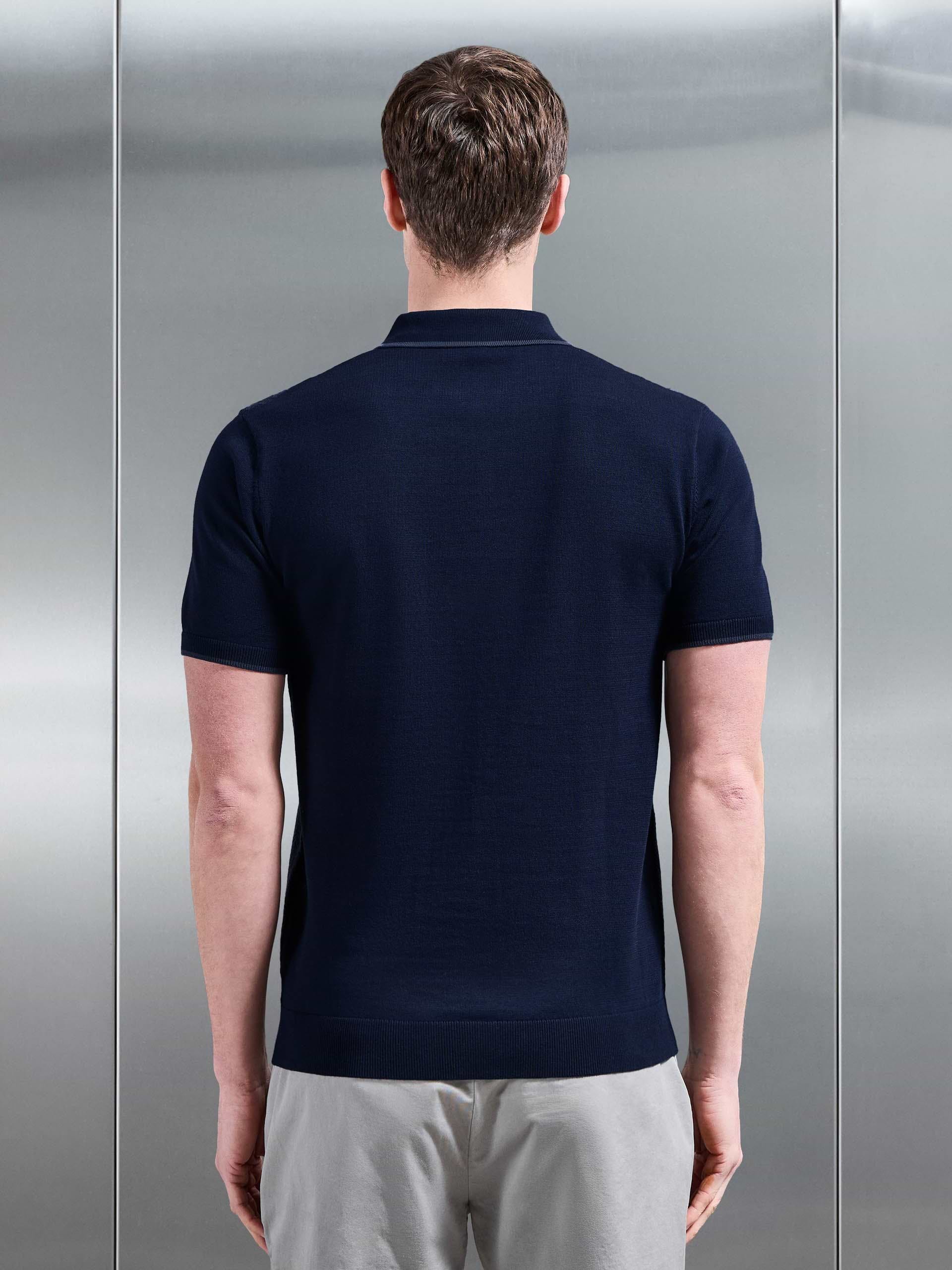 Herringbone Knitted Zip Polo Shirt in Navy