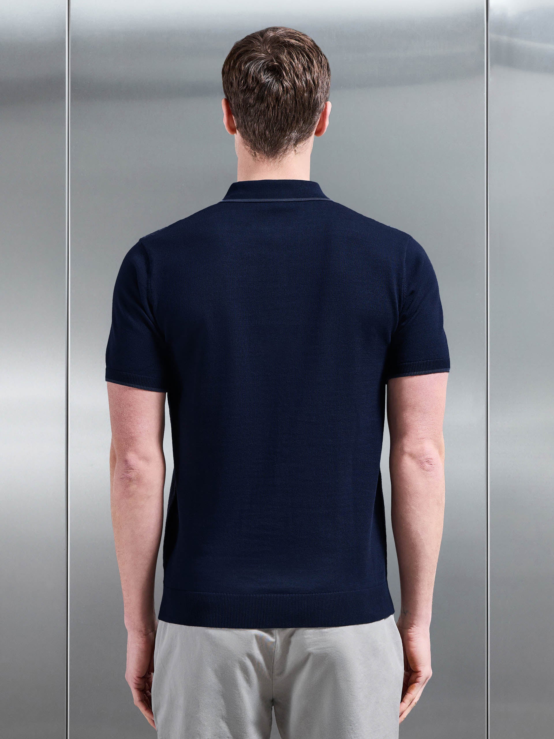 Herringbone Knitted Zip Polo Shirt in Navy