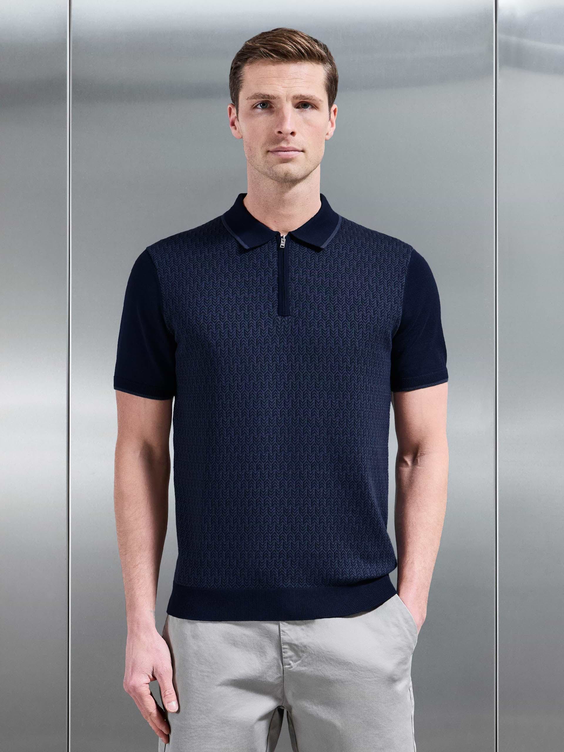 Herringbone Knitted Zip Polo Shirt in Navy