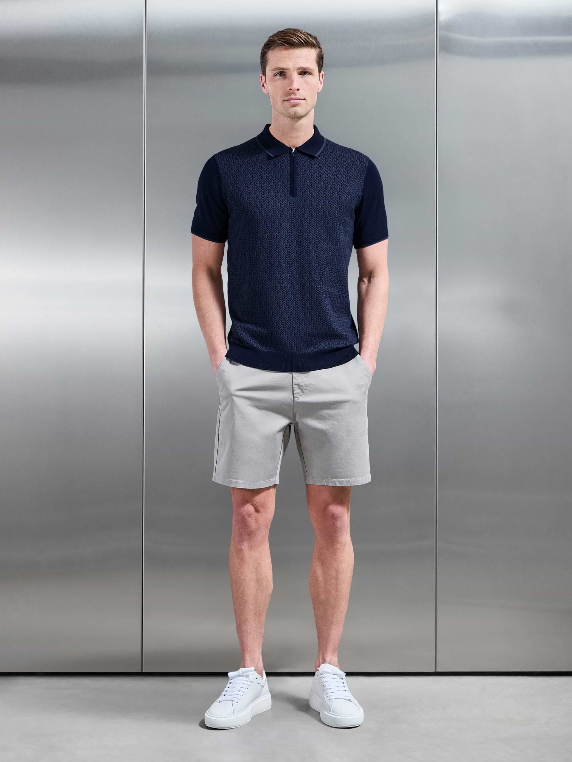 Herringbone Knitted Zip Polo Shirt in Navy