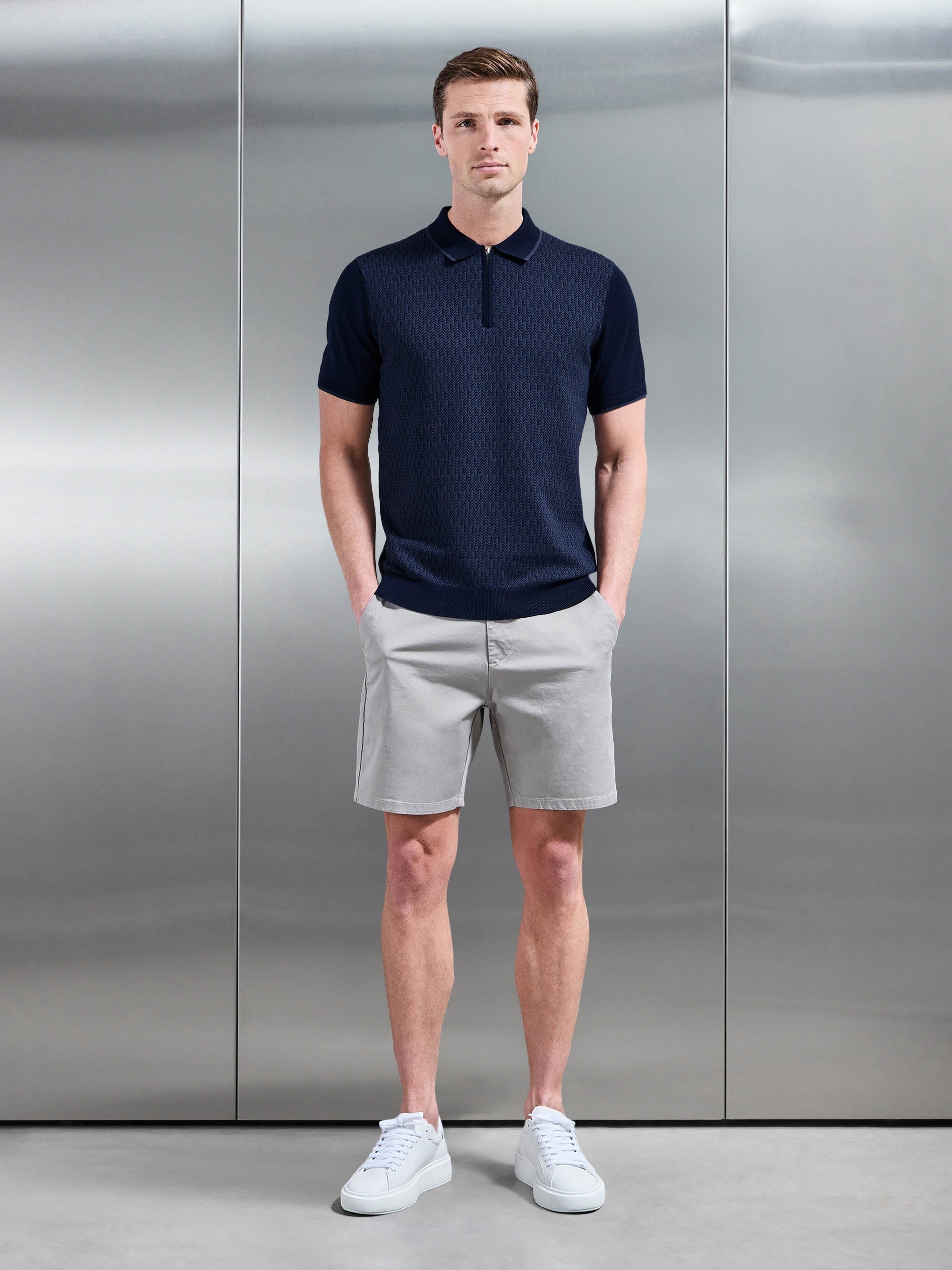 Herringbone Knitted Zip Polo Shirt in Navy