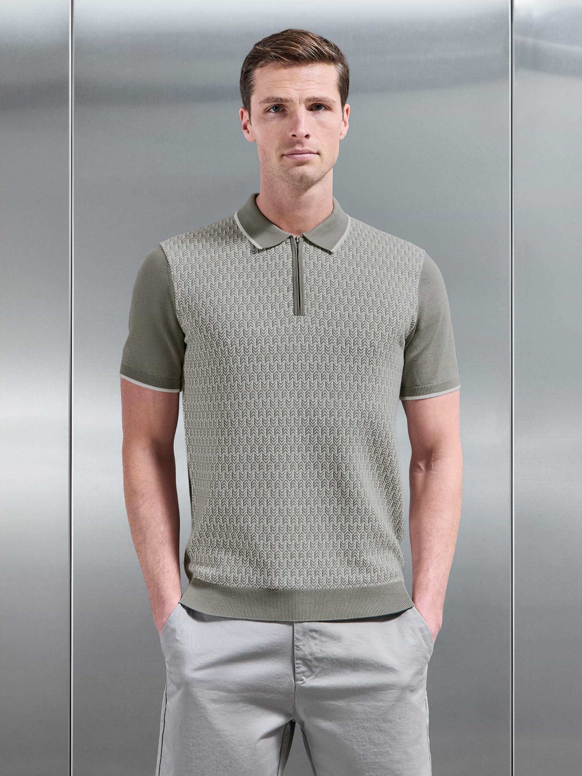Herringbone Knitted Zip Polo Shirt in Sage