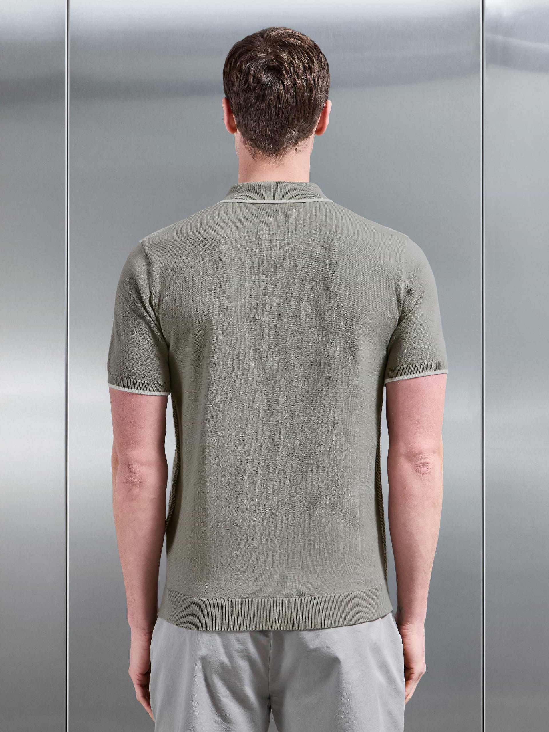 Herringbone Knitted Zip Polo Shirt in Sage