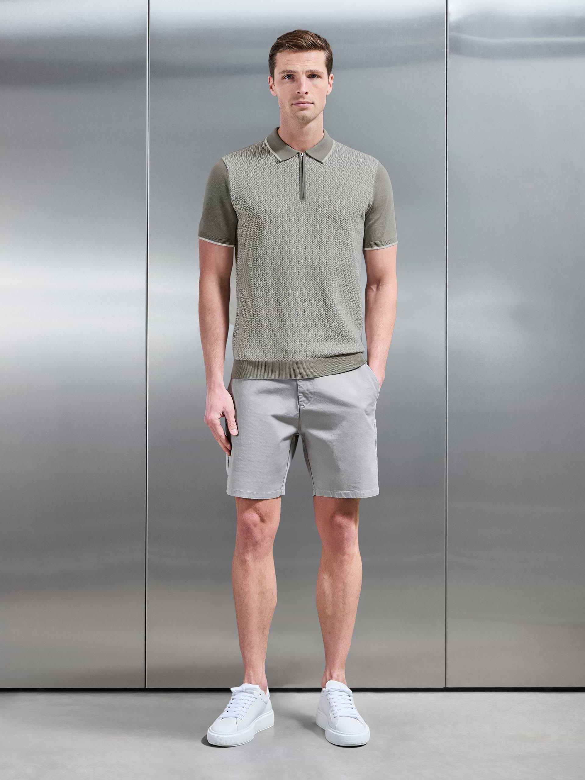 Herringbone Knitted Zip Polo Shirt in Sage