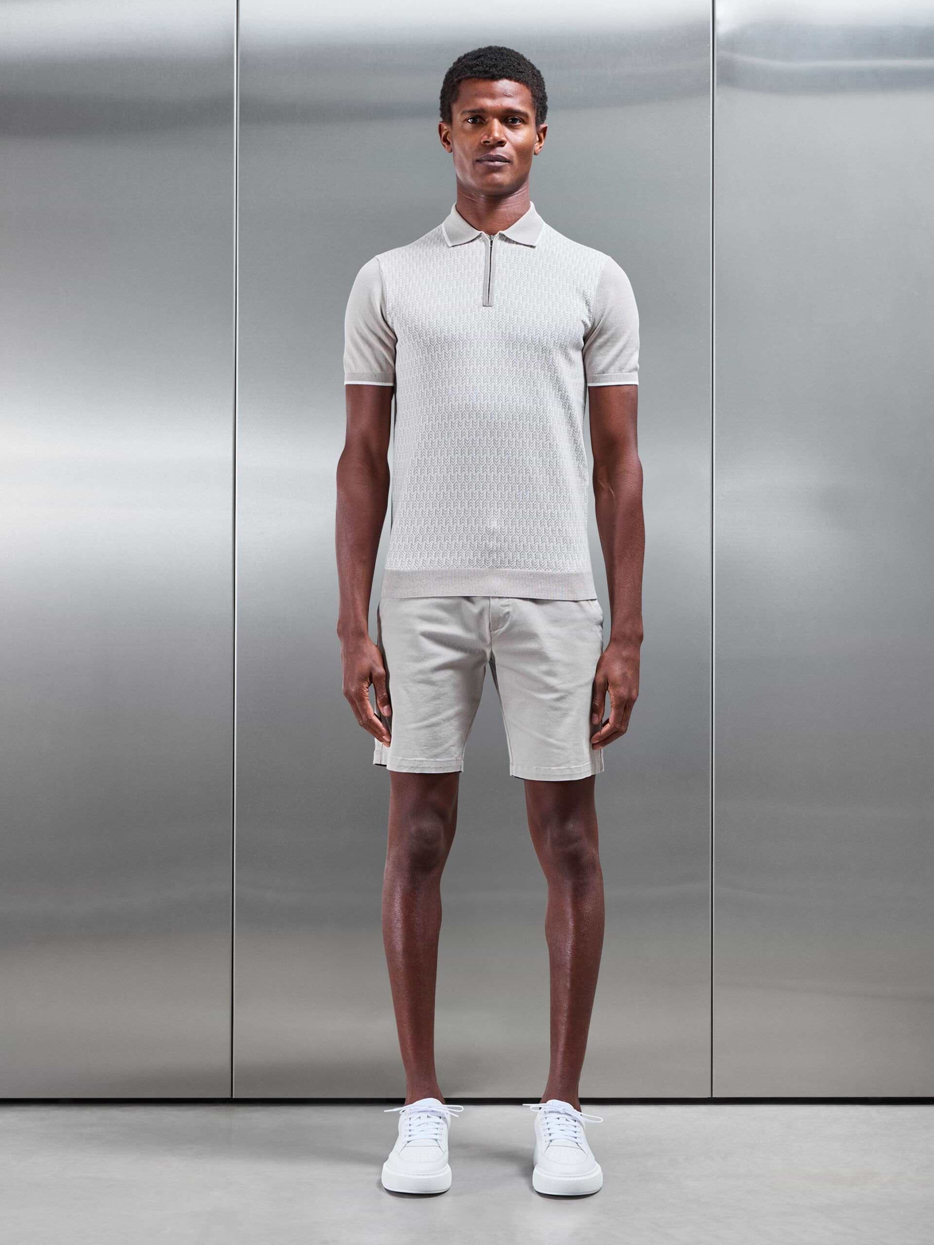 Herringbone Knitted Zip Polo Shirt in Stone