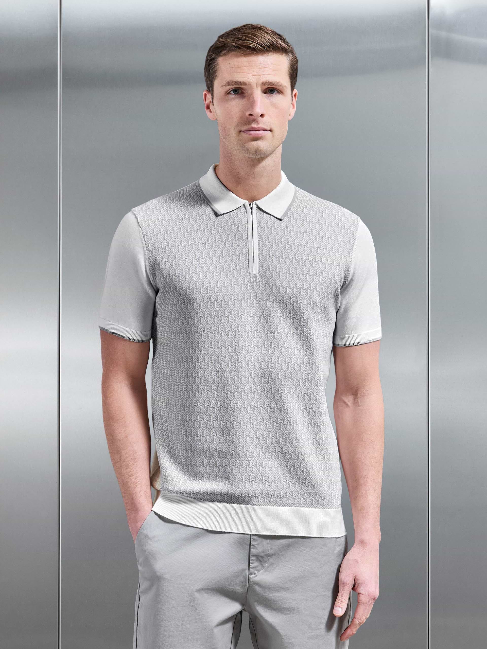 Herringbone Knitted Zip Polo Shirt in White Grey