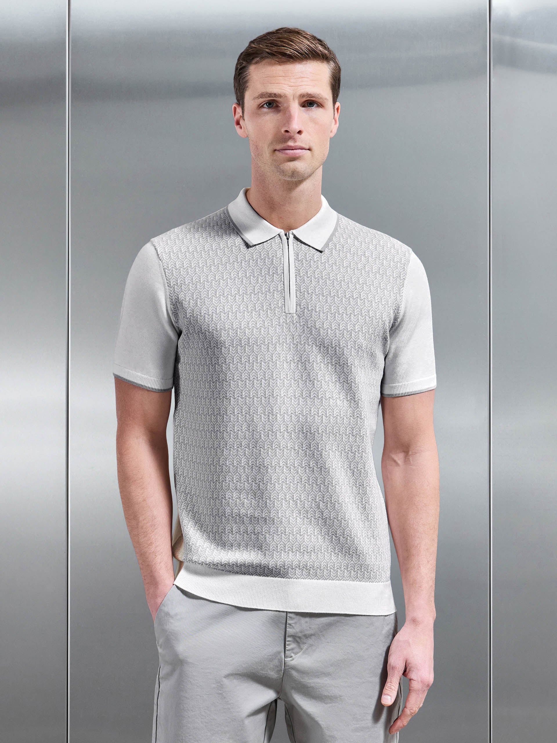 Herringbone Knitted Zip Polo Shirt in White Grey