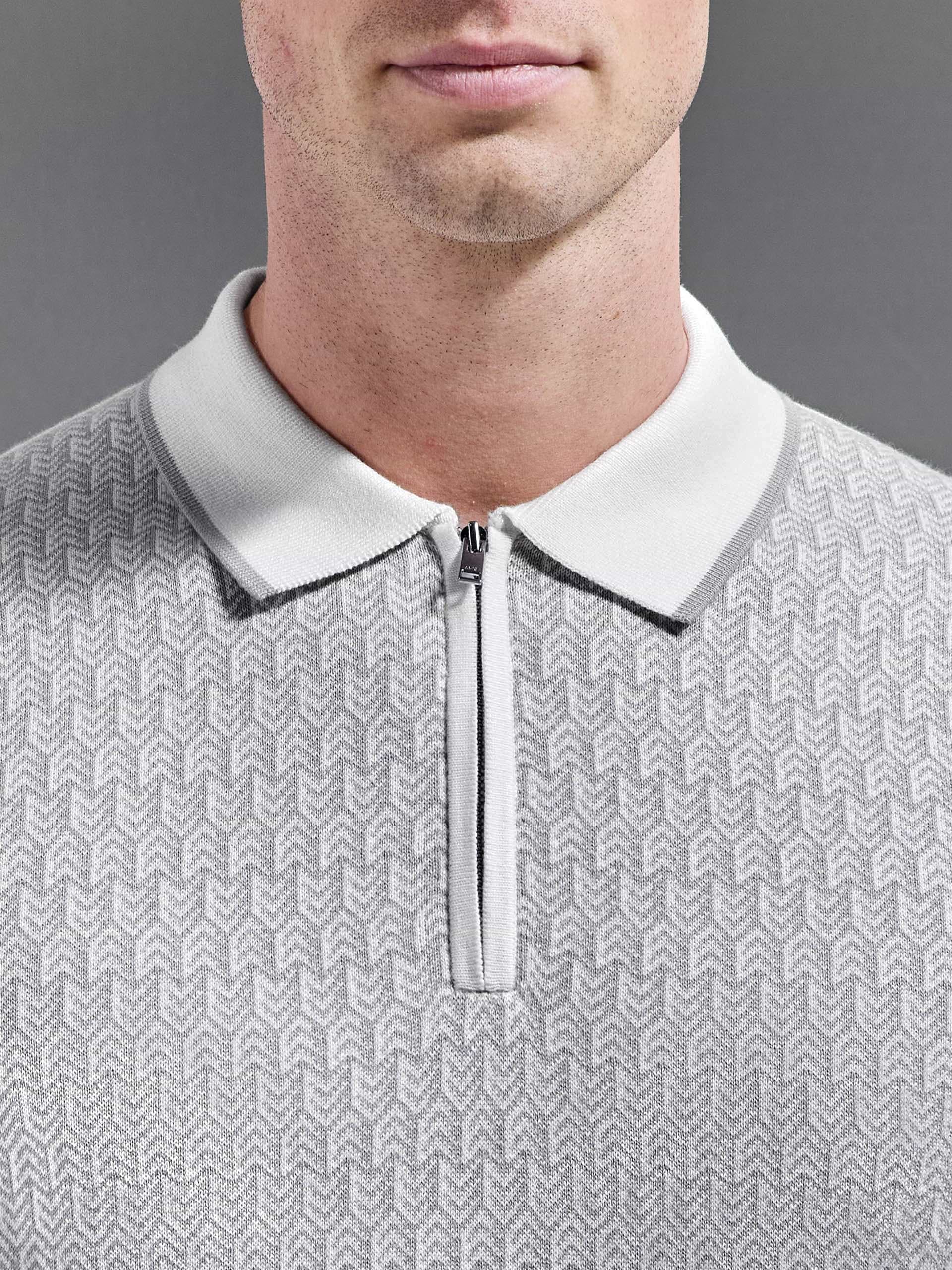 Herringbone Knitted Zip Polo Shirt in White Grey