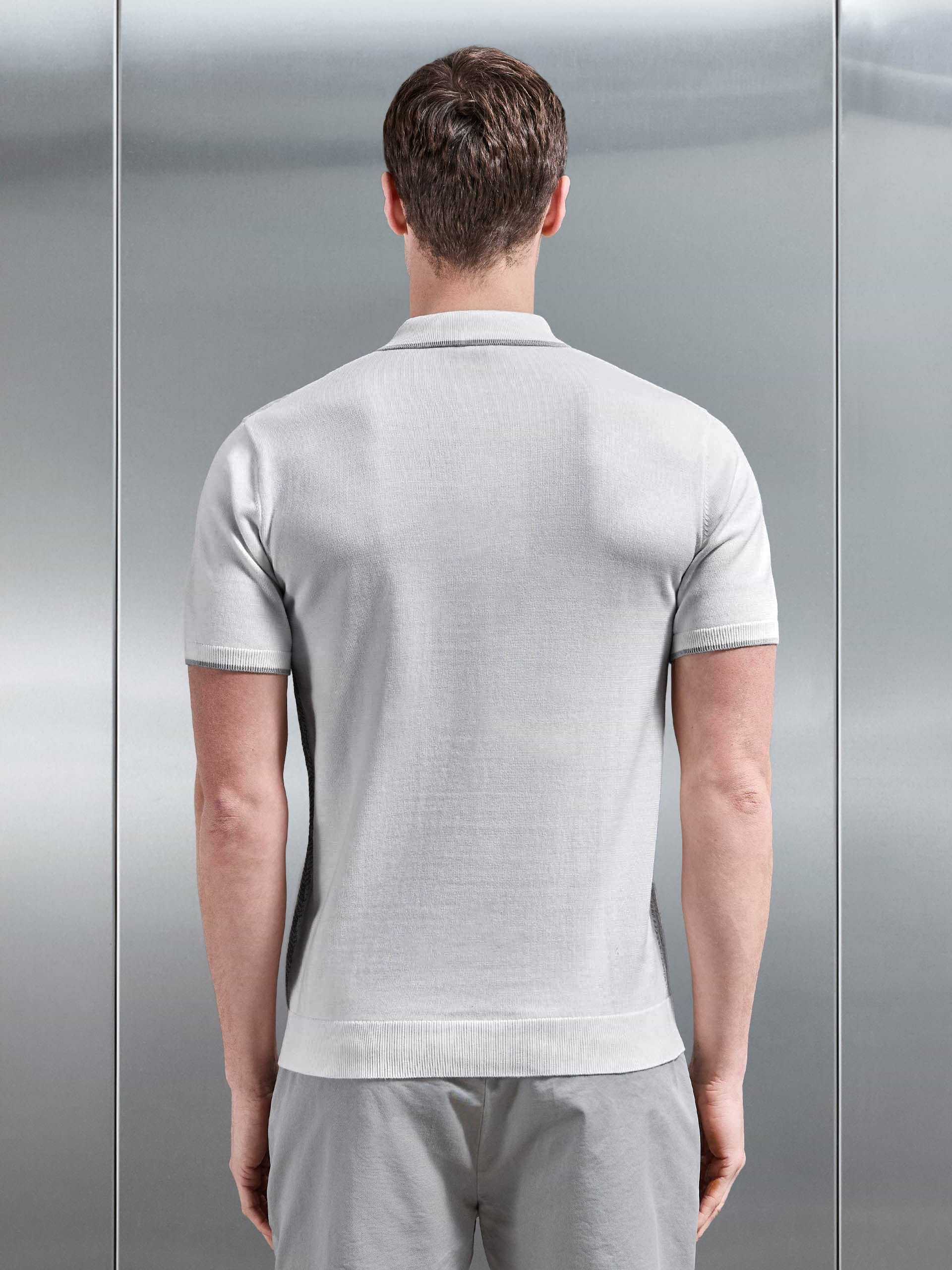 Herringbone Knitted Zip Polo Shirt in White Grey