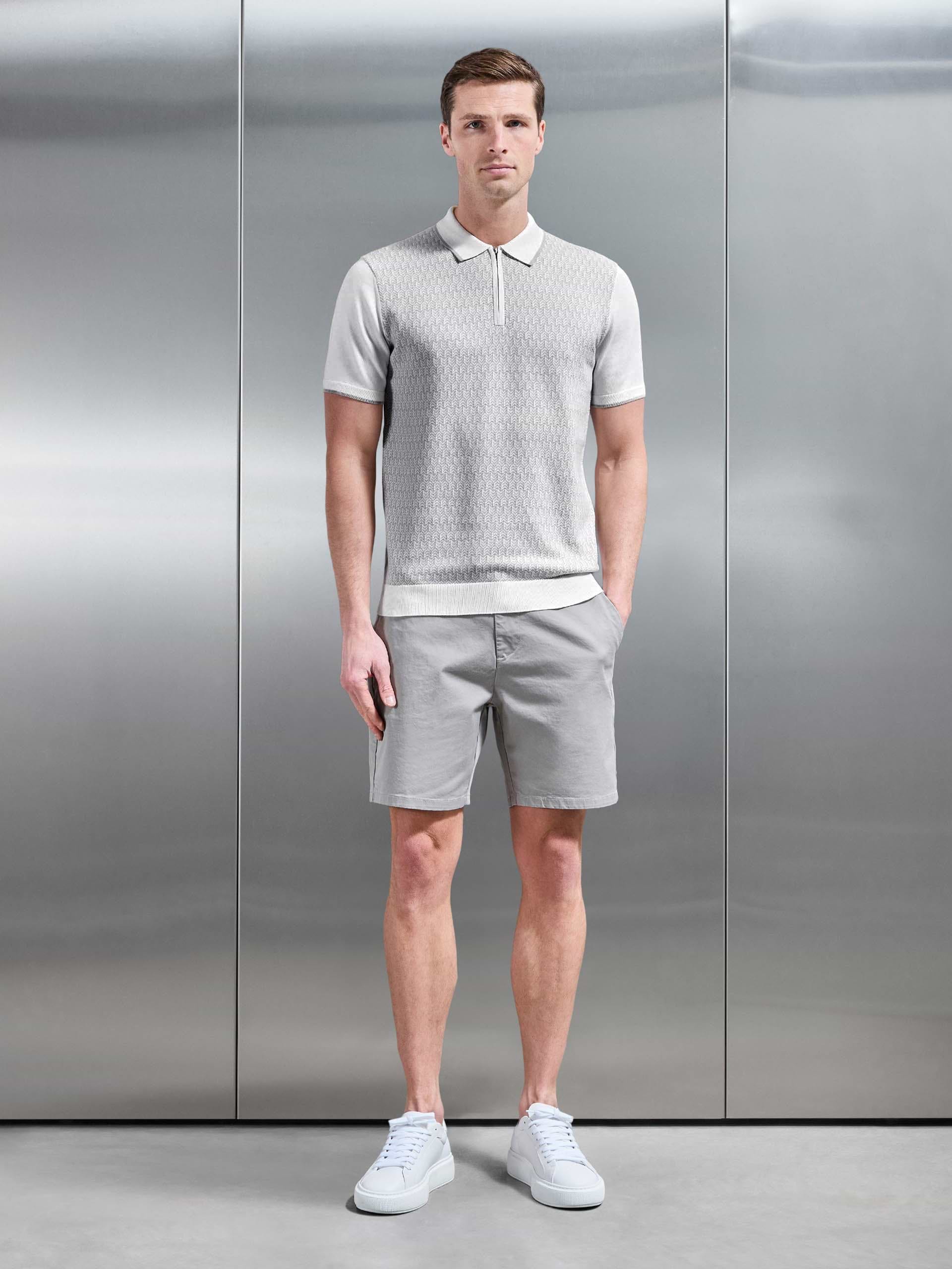 Herringbone Knitted Zip Polo Shirt in White Grey