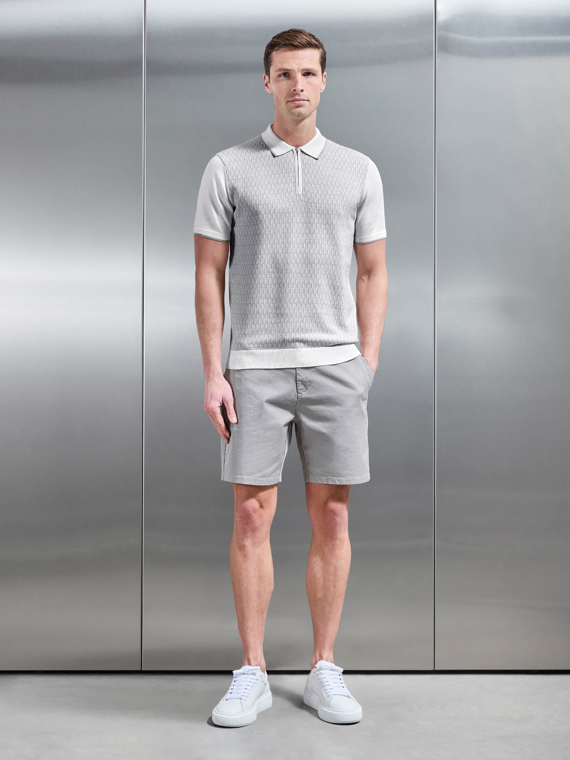 Herringbone Knitted Zip Polo Shirt in White Grey