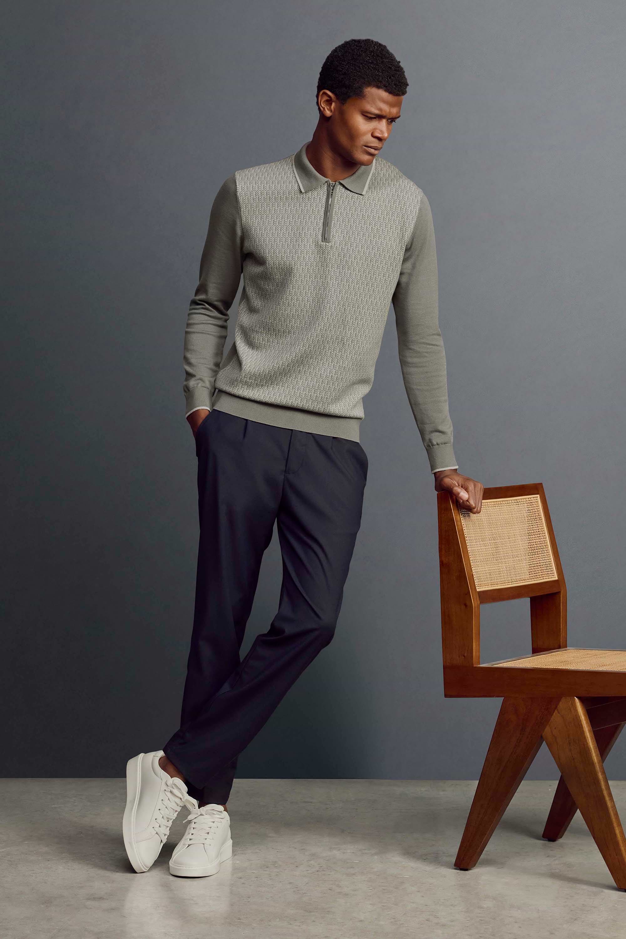 Herringbone Long Sleeve Zip Polo Shirt in Sage