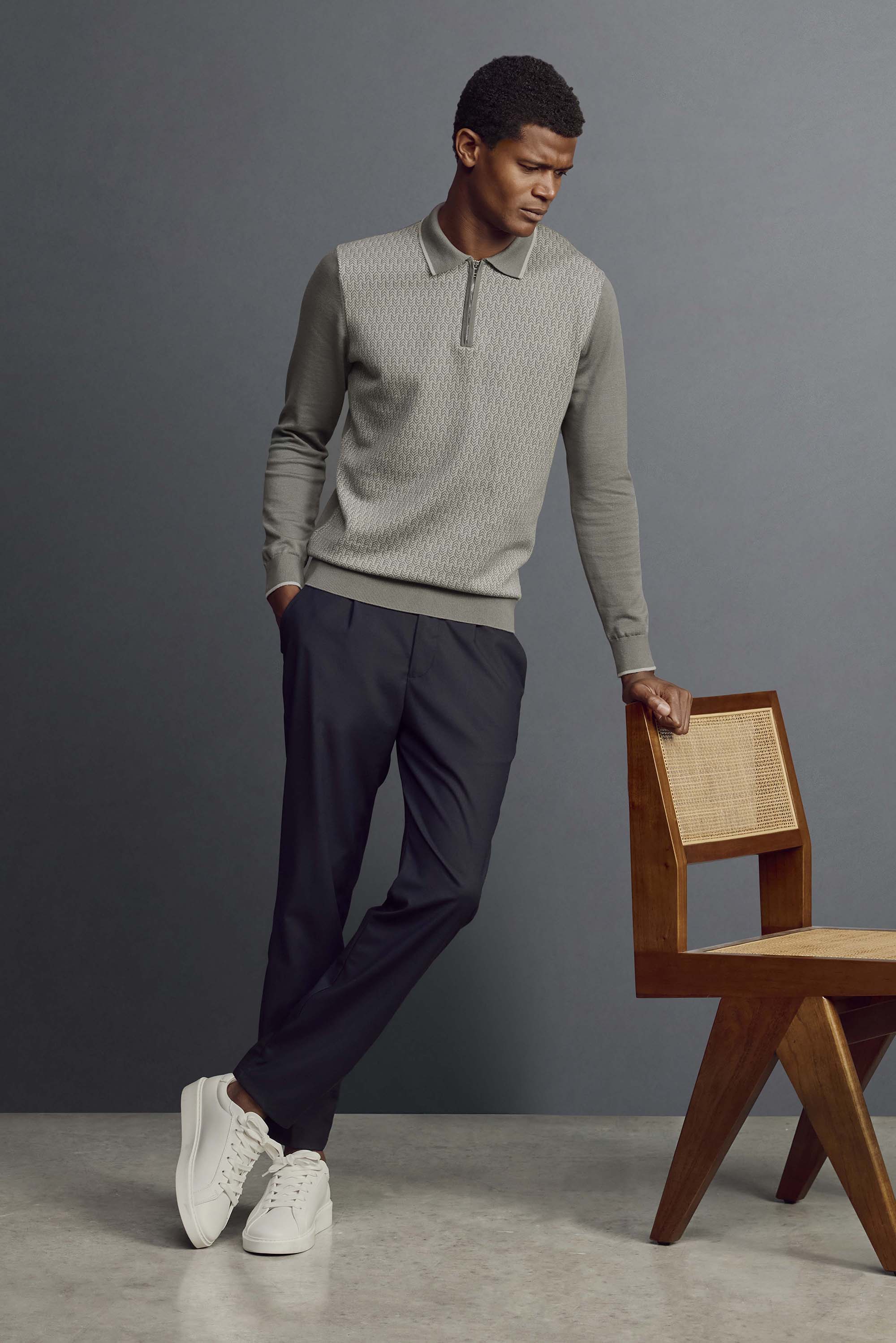 Herringbone Long Sleeve Zip Polo Shirt in Sage